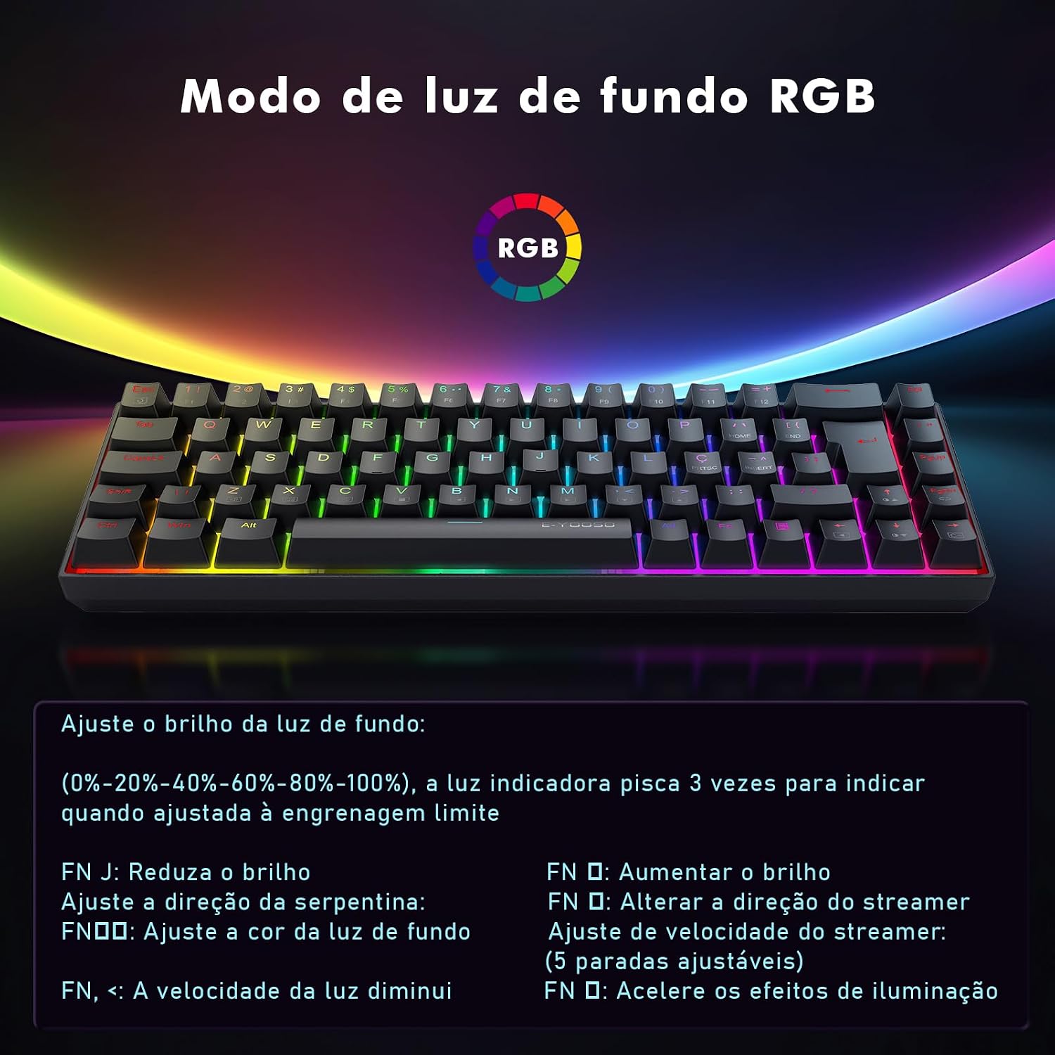 Teclado Gamer Mecanico, RGB, Switch Vermelho Hot-Swap, Anti-Ghosting, USB-C com Fio