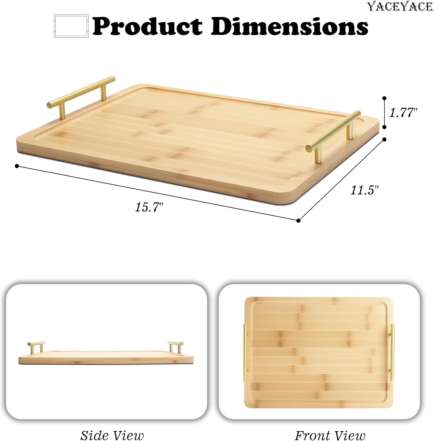 Serving Tray with Handles, 15"x11.4"x1.75" Large Bamboo Serving Tray for Ottoman Coffee Table, Home Decor Trays for Breakfast,Bathroom,Drink