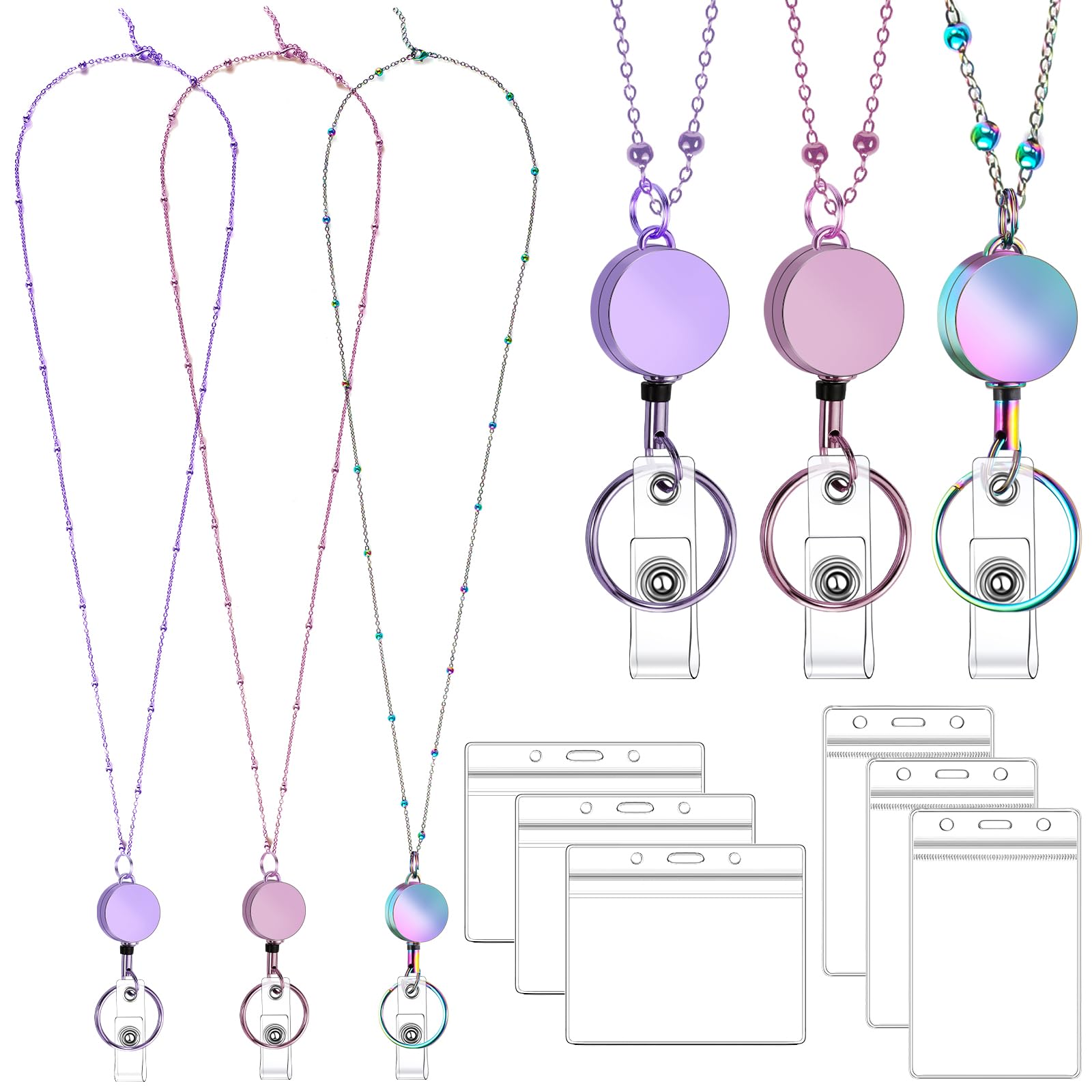 Lanyards for Id Badges 3 Pack Badge Lanyard with 6 Pcs Id Badge Holder Retractable Stainless Steel Teacher Lanyard Cruise Ship Lanyards for Girl Women