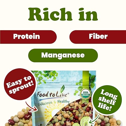 Miniatura 7 de Mezcla crujiente orgánica de granos germinantes, 1 libra, sin OMG, kosher, no irradiada, vegana, cruda, seca, a granel, guisantes verdes orgánicos,