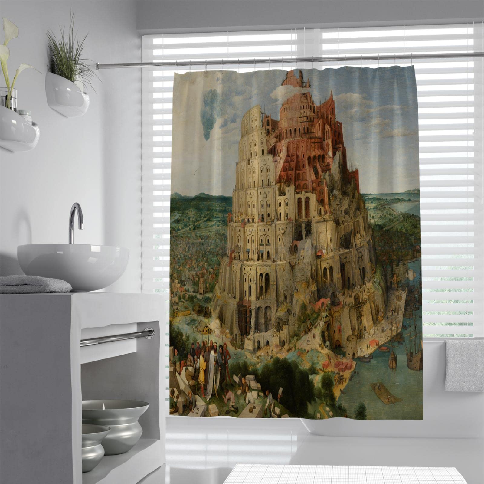 Zasłona prysznicowa w stylu vintage, szybkoschnąca tkanina poliestrowa, zestaw zasłon łazienkowych z haczykami, Wieża Babel, Pieter Bruegel Starszy, 72 szer. x 72 dł