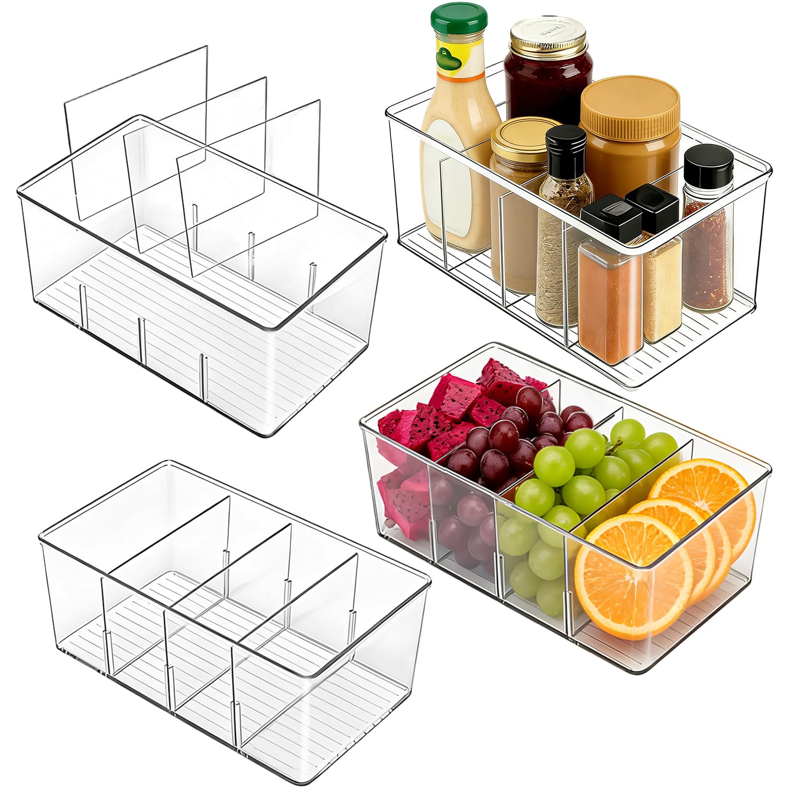Dinhauyon Fridge Organisers, 4 Pack Food Storage Containers with 3 Dividers,Clear Plastic Stackable Container for Kitchen Party Storage & Organisation, Cupboard Drawer Organiser