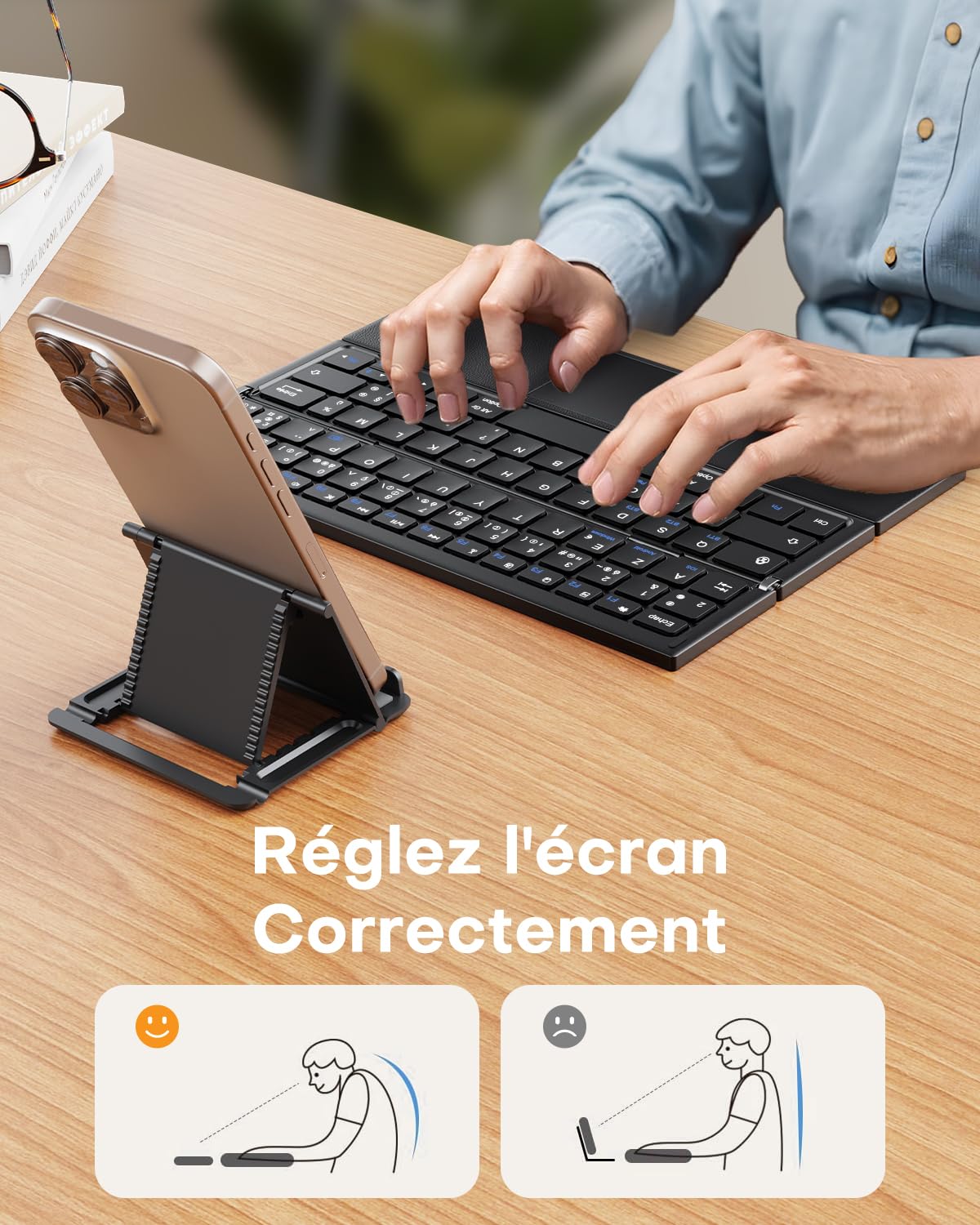 OMOTON Kabellose Tastatur, AZERTY, faltbar, Bluetooth, mit Touchpad, Schwarz | Multi-Geräte, 3 Bluetooth-Geräte, leise Mini-Tastatur, kompatibel mit Android Windows iOS Telefon Tablet iPad