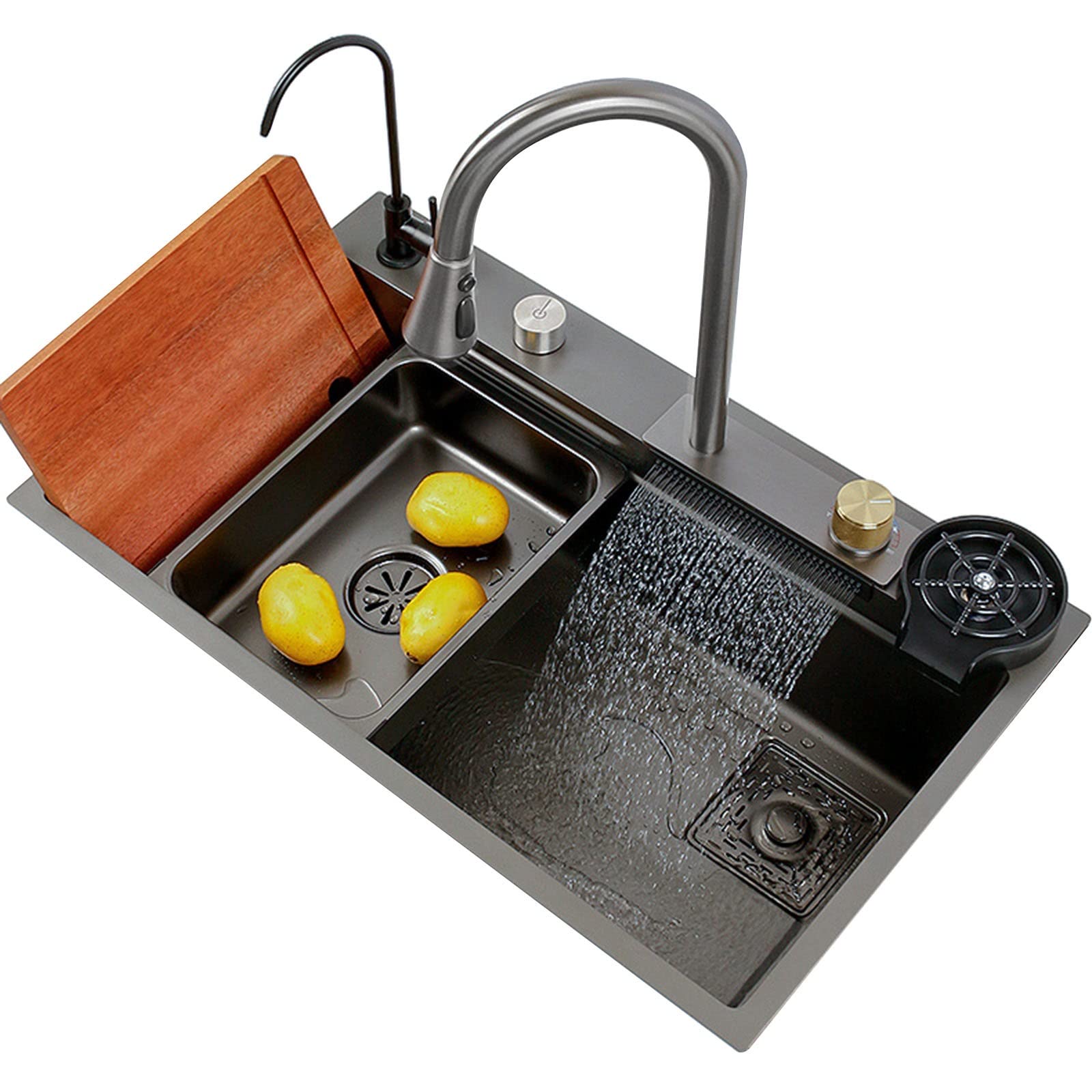 ZQFHSX Kitchen sink Flying rain waterfall Household sink, dishwasher basin Single Workstation kitchen With pull-out tap, chopping board, cup washer(68 * 45 20cm)
