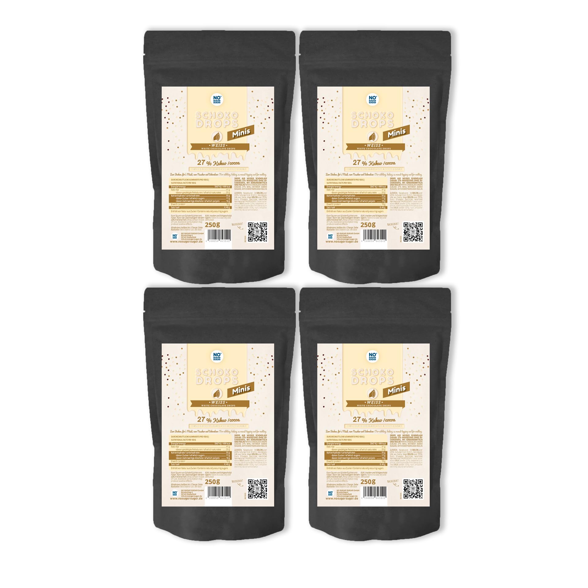 NO SUGAR SUGAR Schokodrops Minis Weiß 27% Kakao 1 kg ohne Zuckerzusatz Erythrit Stevia 4x 250g