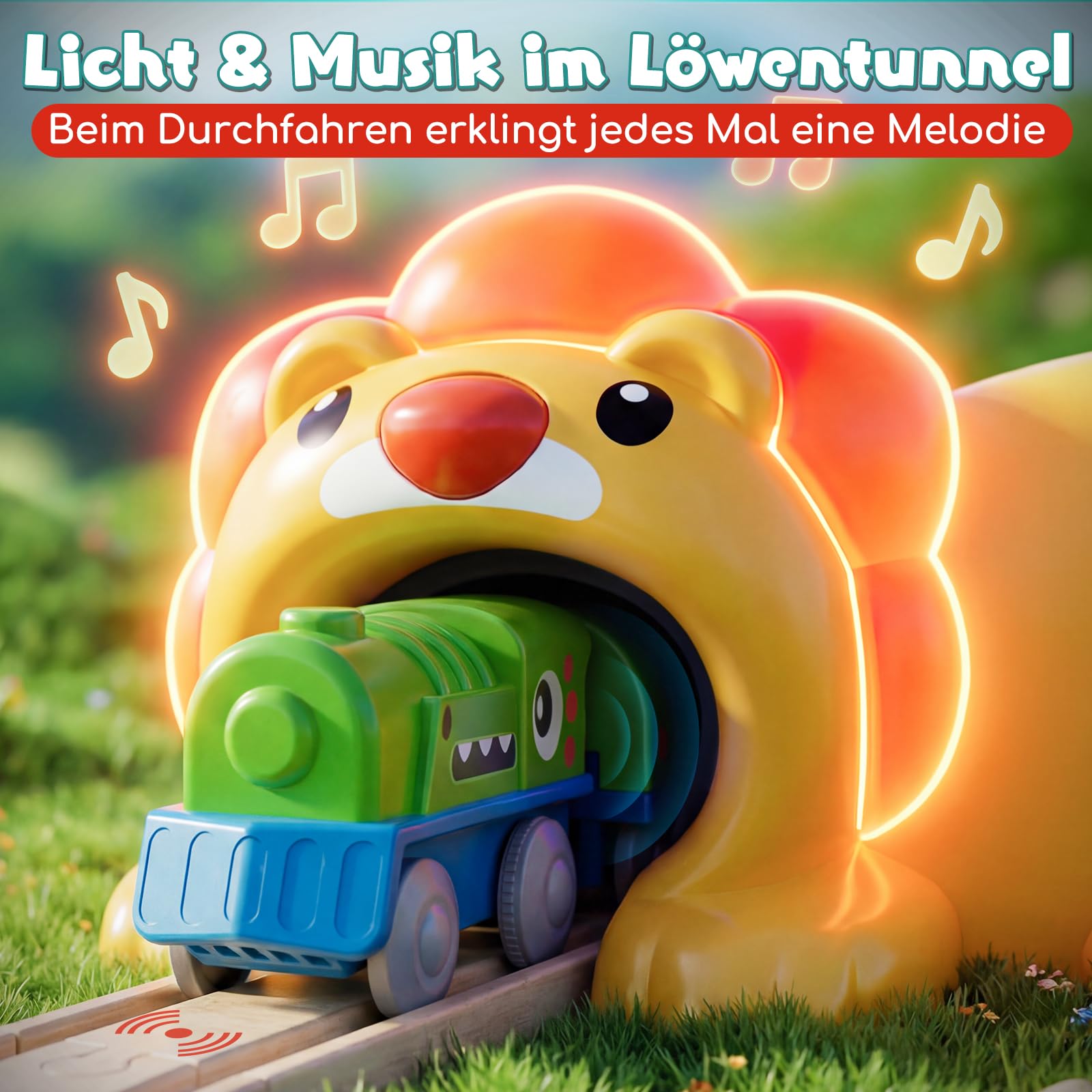 Lehoo Castle Holzeisenbahn, Dinosaurier Lokomotive, Freizeitpark Holz Eisenbahn Kinder mit Löwentunnel, Holzeisenbahn Zubehör, Holzspielzeug für Kinder ab 3 Jahren