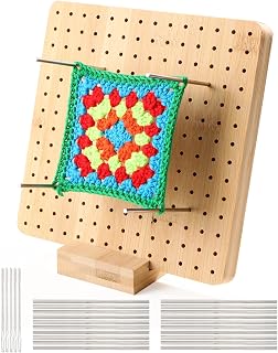 Verriegelungsbrett für Häkeln, Sperrbrett für Granny Square, 20 x 20 cm, mit 20 Stangen aus Edelstahl und 5 Nadeln, Haltebrett aus Holz für Strickprojekte und