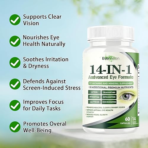 Miniatura 3 de Evervision Fórmula avanzada 14 en 1 para los ojos, suplemento vitamínico y mineral para la salud ocular, 60 cápsulas (1 unidad)