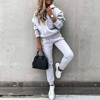 Tuta Donna Sportiva Felpata 2 Pezzi - Felpa Con Cappuccio E Pantaloni Jogging, Per Palestra E Casual Autunno/Inverno