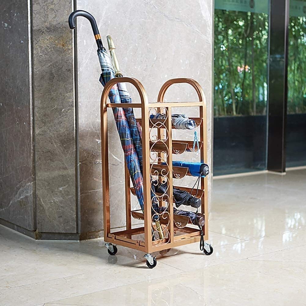 Gardeneea Umbrella Stand, Umbrella Stand Umbrella stand Movable Umbrella Stand Rack With Drip Tray Metal Gold Hotel Lobby Floorstanding Long Short Umbrella Bucket