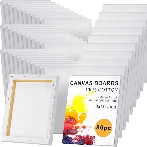 Thenshop Paquete de 80 lienzos estirados para pintar de 8 x 10 pulgadas, triple imprimado sin ácidos, 100% algodón, lienzo blanco en blanco para