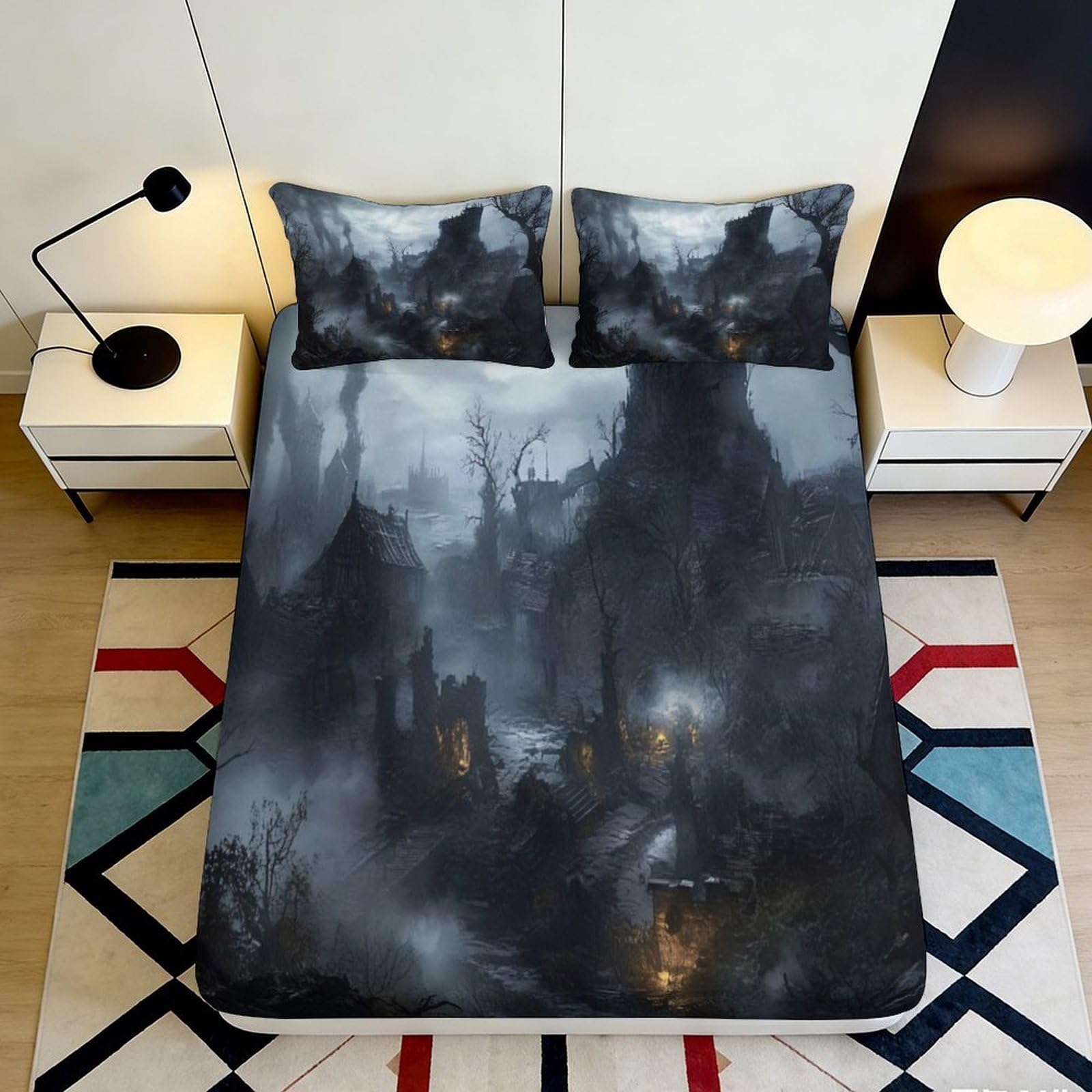 3D Printed Gothic Foggy Village Fitted Sheet Microfiber Soft Black Castle Mattress Cover for Bedroom Guest Room Decor 90x200x25cm
