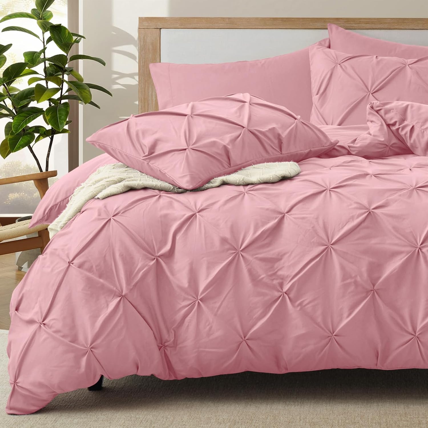 VACVELT 5 Piece Pinch Pleated Duvet Cover Full/Queen Size Set, Pink Pintuck Duvet Cover with Zipper & 8 Ties, Shabby Chic Microfiber Duvet Cover + 2 Pillow Shams + 2 Pillowcases, No Comforter Full/Queen Pink