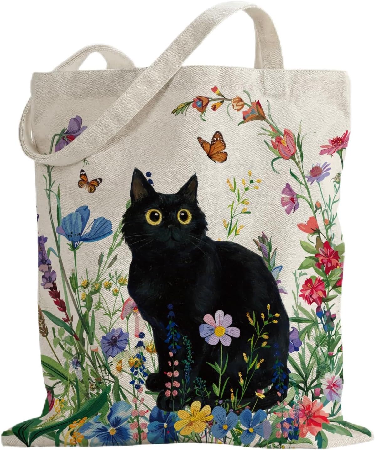 Wildflower Black Cat Canvas Tote Bag for Women, Cute Floral Garden Cat Lover Gifts Bag for Cat Moms & Nature Lovers, Aesthetic Reusable Grocery Shopping Bag for Shopping Gym Travel Vacation