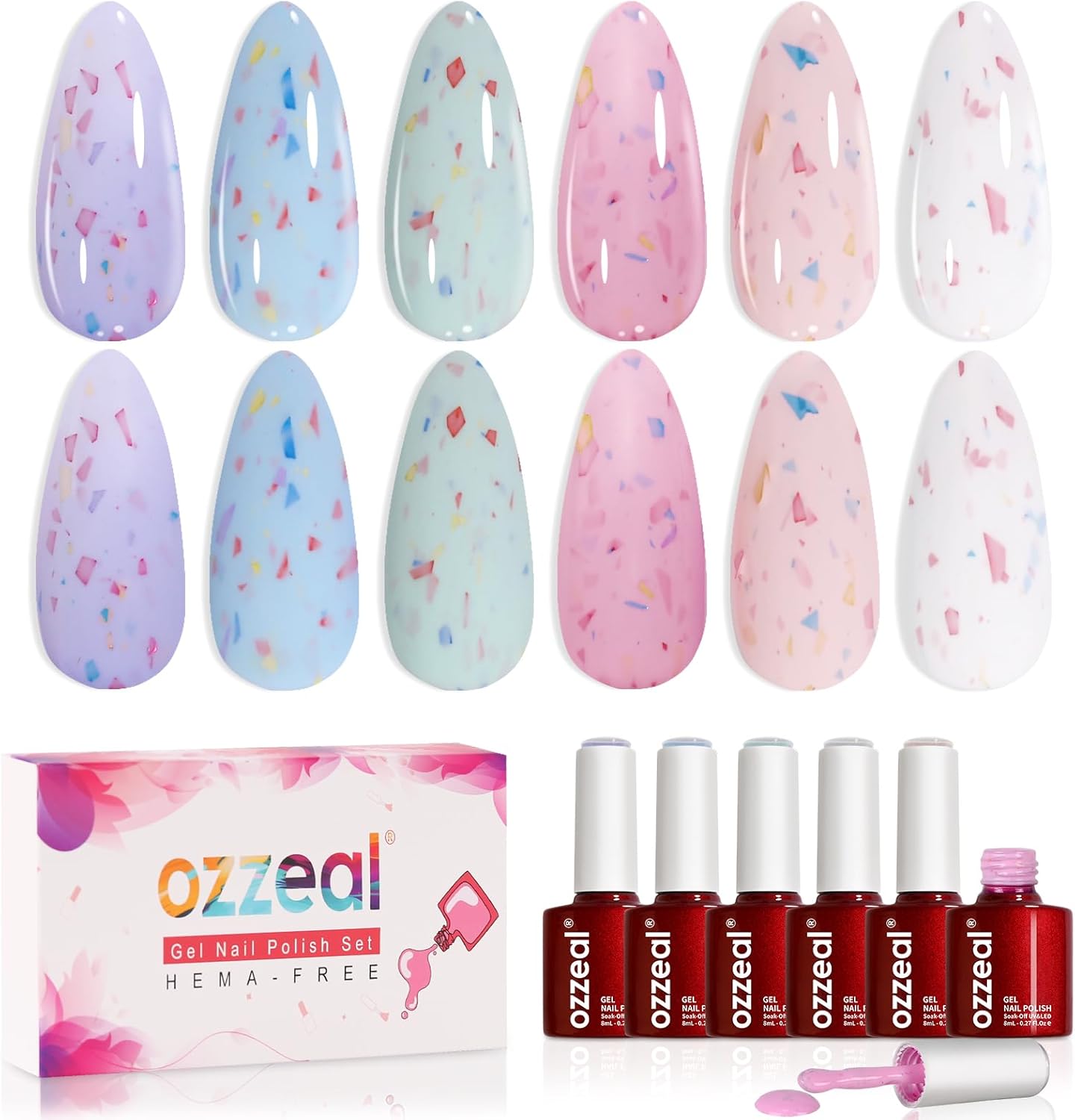 Ozzeal Pastel & Glitter Flake Gel Nail Polish Set, Hema Free 6 Colors Ice Cream White Green Pink Lavender Blue Macaron Easter Spring Summer UV Light Gel Polish Kit for Salon and Nail Art DIY Home