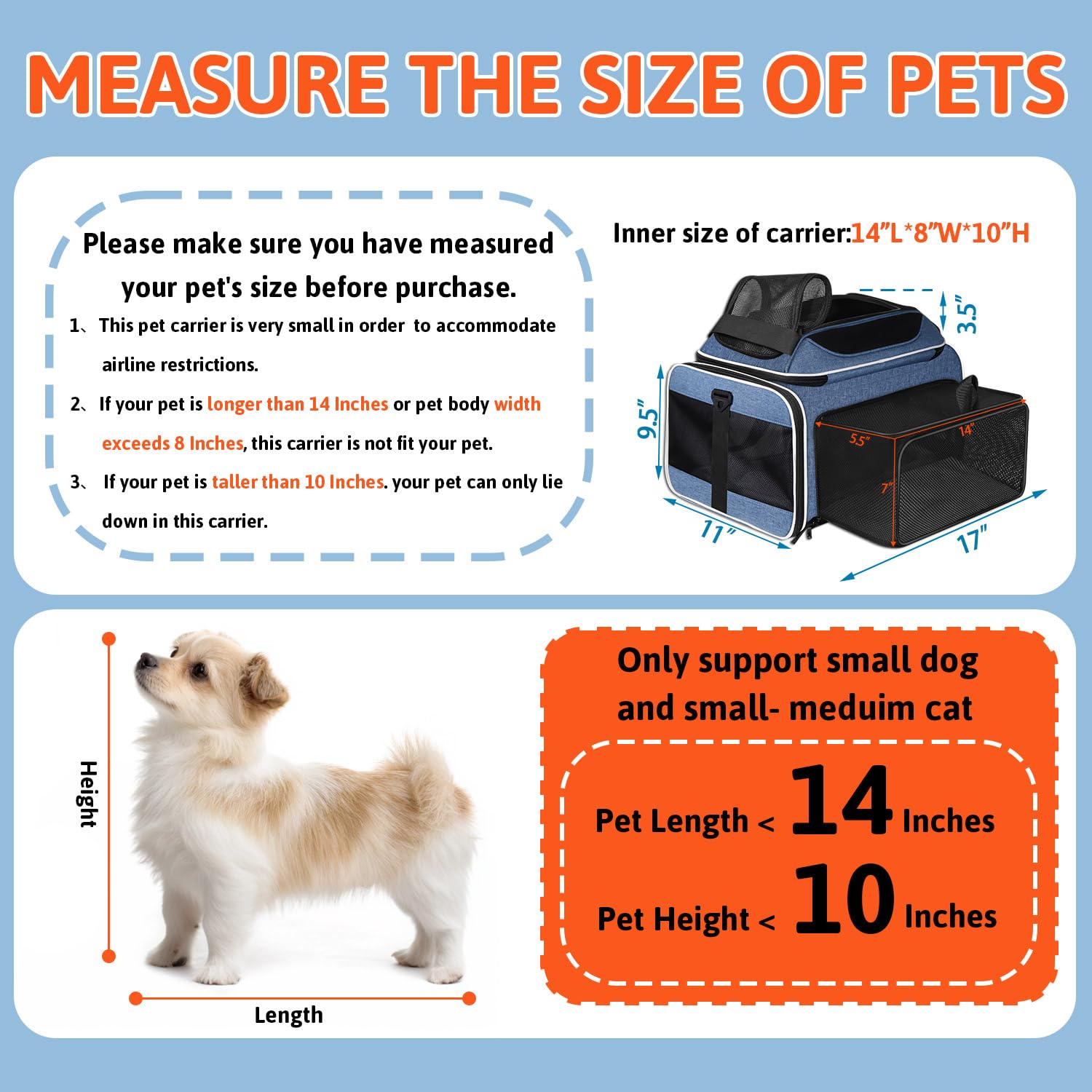 Petskd Top and Side Expandable Pet Carrier 17x11x9.5 Inches Alaska Airline Approved, Soft-Sided Carrier for Small Cats and Dogs with Locking Safety Zippers and Anti-Scratch Mesh(Blue) - image 3