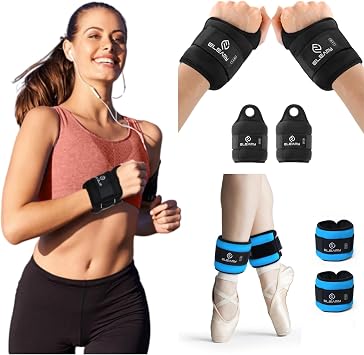 ELEAMY Balanced Training Set 4 lbs Ankle Weights Pair + 4 lbs Wrist Weights with Thumb Hole Pair