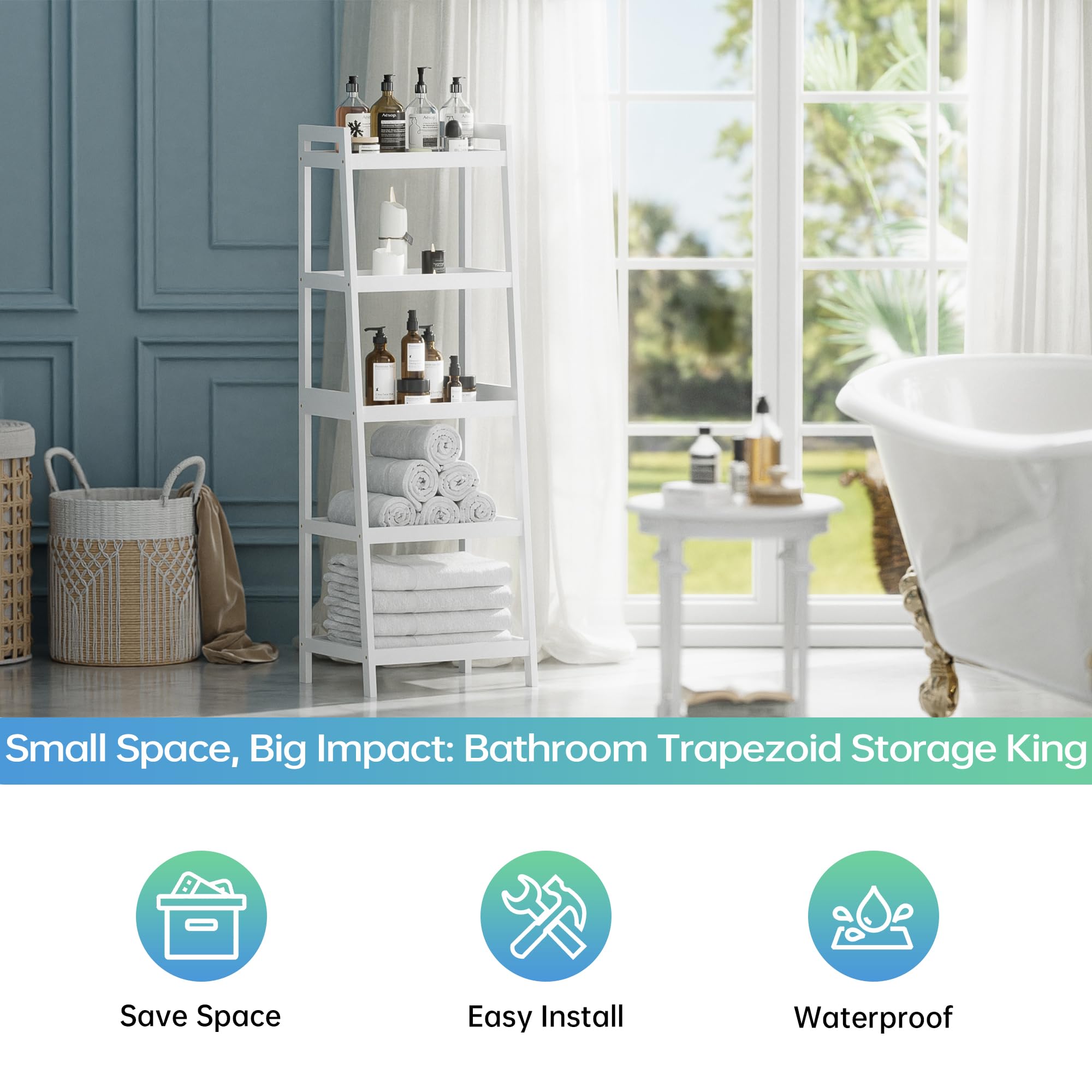 SMIBUY Estantería Escalera de Bambú,Organizador de estantes de baño, estantes Que ahorran Espacio para Dormitorio de 4 y 5 Capas (Blanco, 5 Niveles (127cm H))