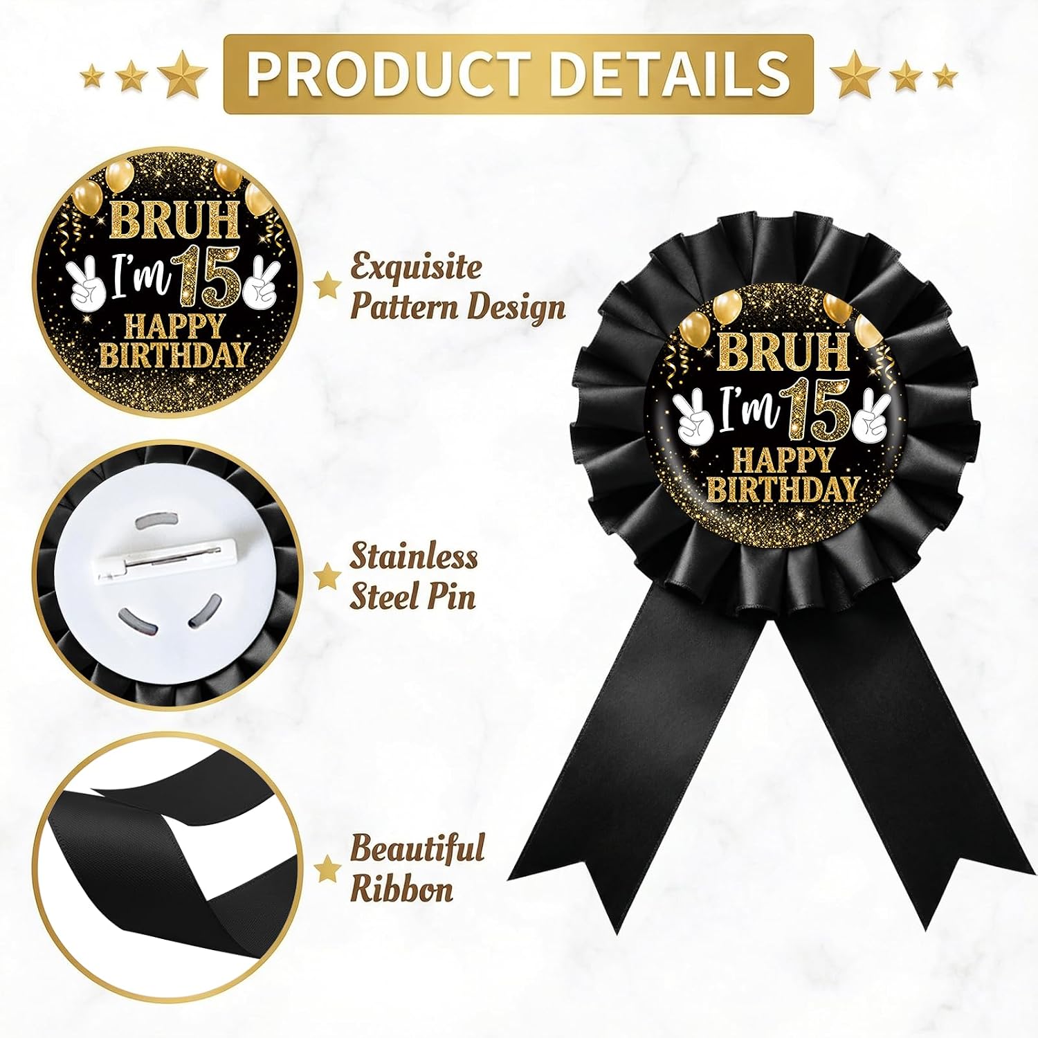Bruh I'm 5 Happy Birthday Tinplate Badge Pin, Black Rosette Bruh It's My 5th Birthday Award Ribbon Button, Gold Balloon Bro It's My 5th Birthday Brooch Pin for Anniversary Party Decoration image 2