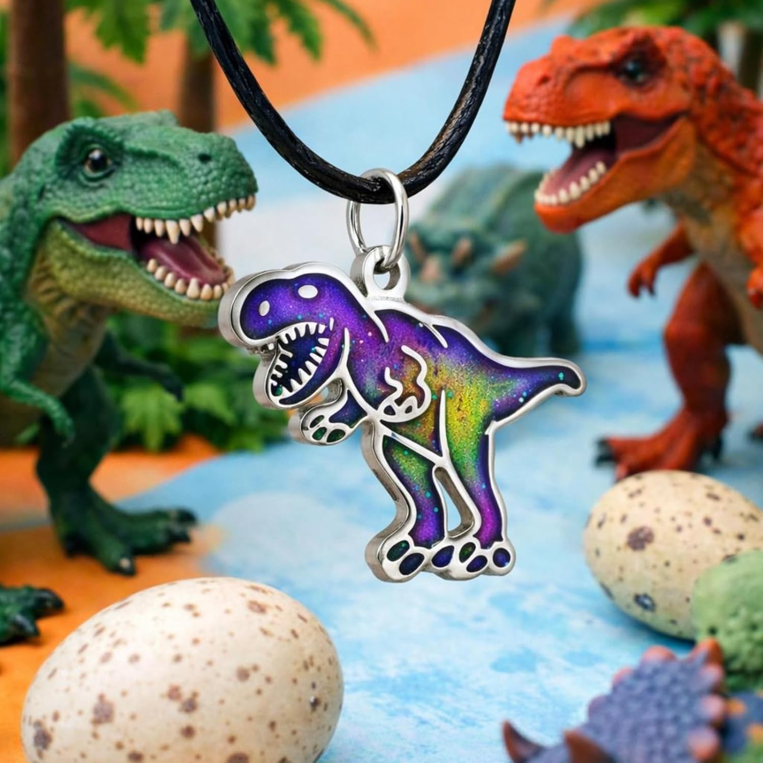 Ello Elli T-Rex Dinosaur Necklace, Stainless Steel T-Rex Pendant with Leather Cord, Fun Gift for Teens & Dinosaur Lovers - Image 2
