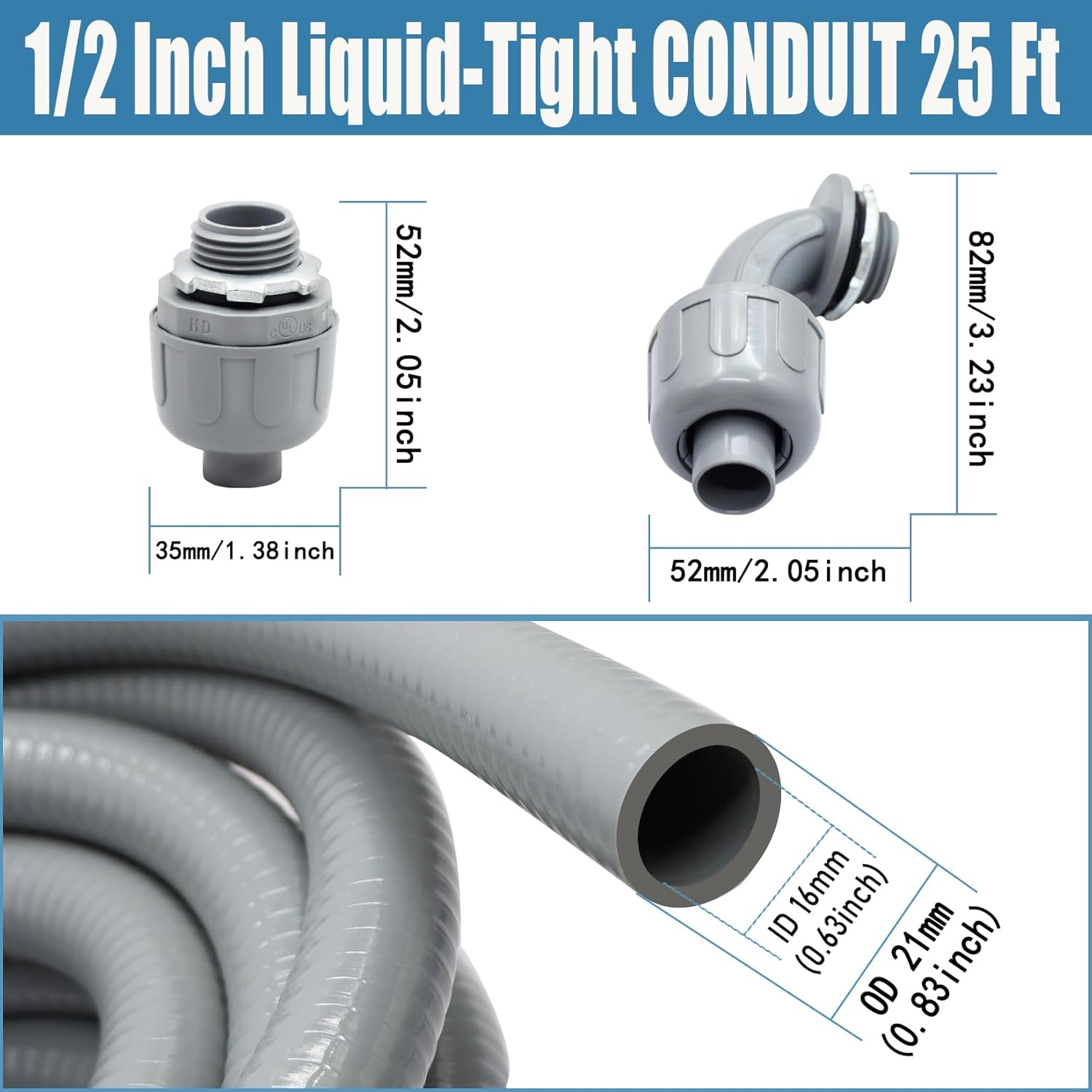 1/2 Inch Liquid-Tight Conduit and Connector Kit - 25 FT Non-Metallic Electrical Conduit with 5 Pcs 180° Straight and 5 Pcs 90° Angle Fittings