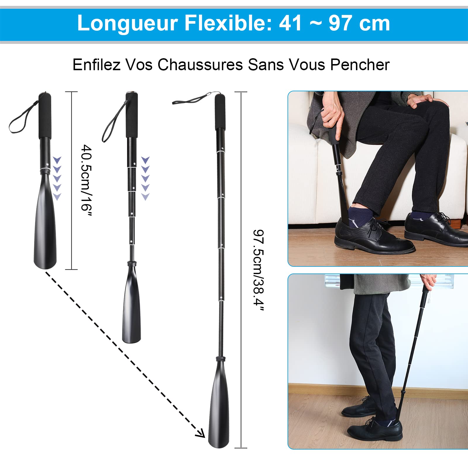 Mishell Chausse Pied Long -Telescopique 41-97 cm, Chausse Pieds Long Manche en Métal et Plastique, Chausse-pied Long, Chaussé Pied Manche Long