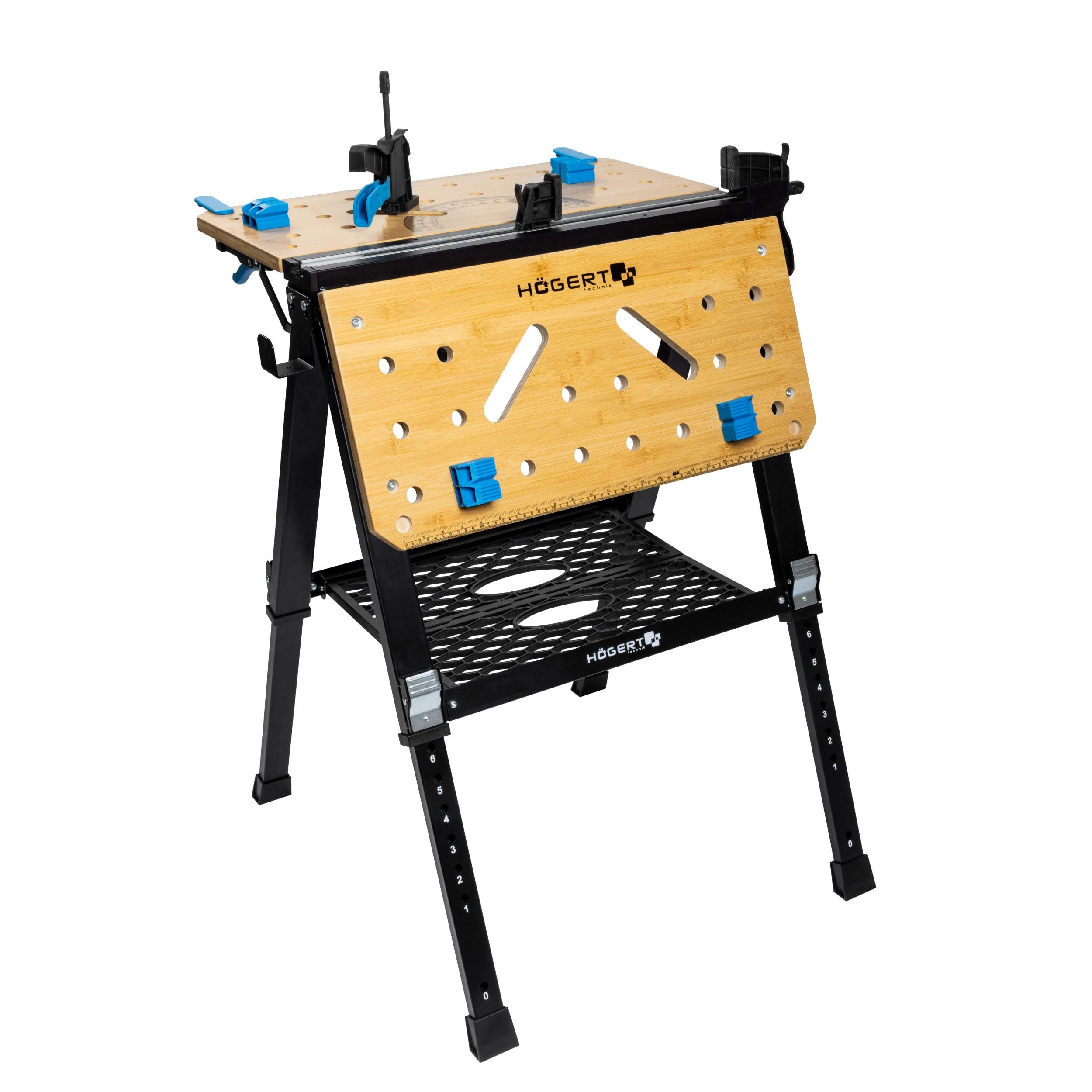 HÖGERT TECHNIK Tavolo da officina pieghevole, 700 x 650 x 915 mm, con piastra in bambù, regolazione in altezza a 5 livelli, capacità di carico 450 kg, fori, raccordi e morsetti di serraggio