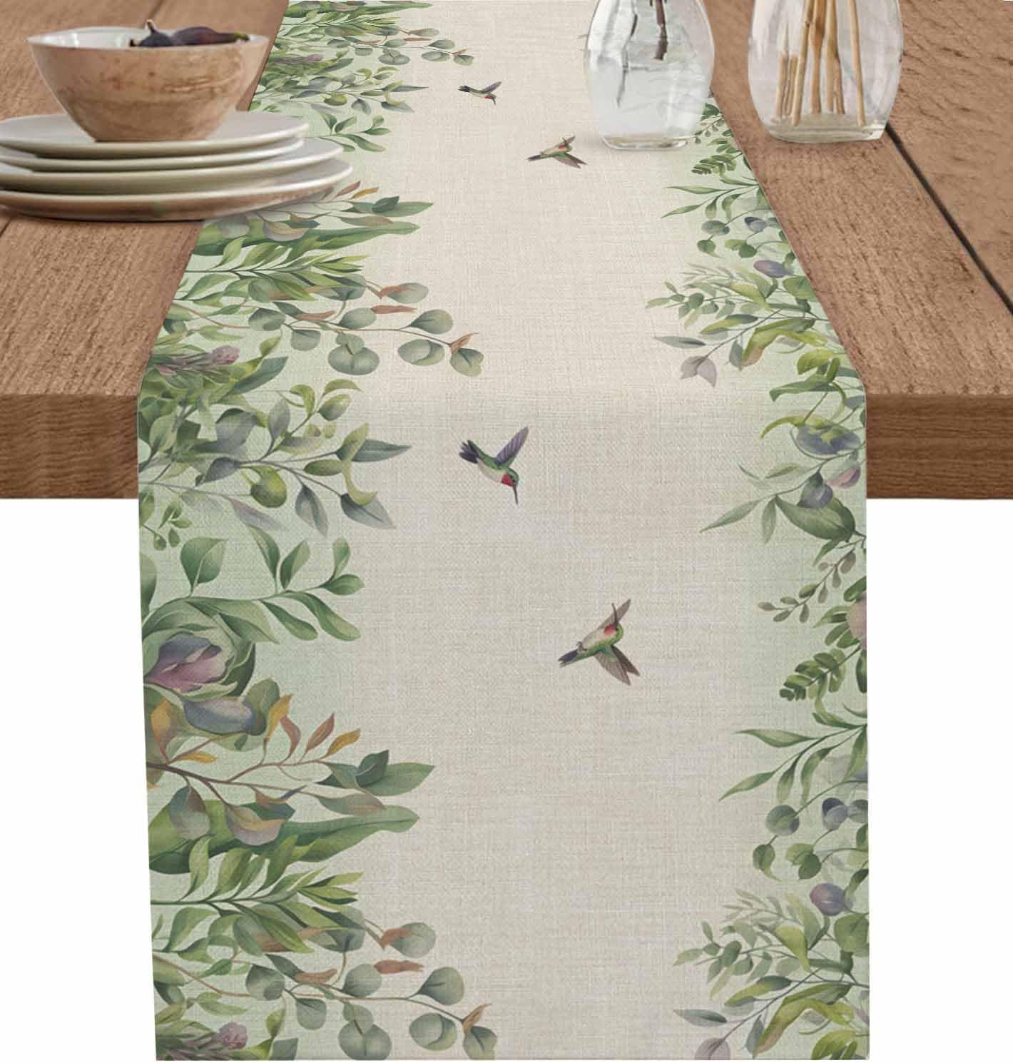 Table Runners-120 Inch Long,Watercolor Eucalyptus Leaf Bird Linen Dresser Scarves Dining Table Runner Sage Green White Tabletop Scarf for Home Kitchen Holiday Party Decor
