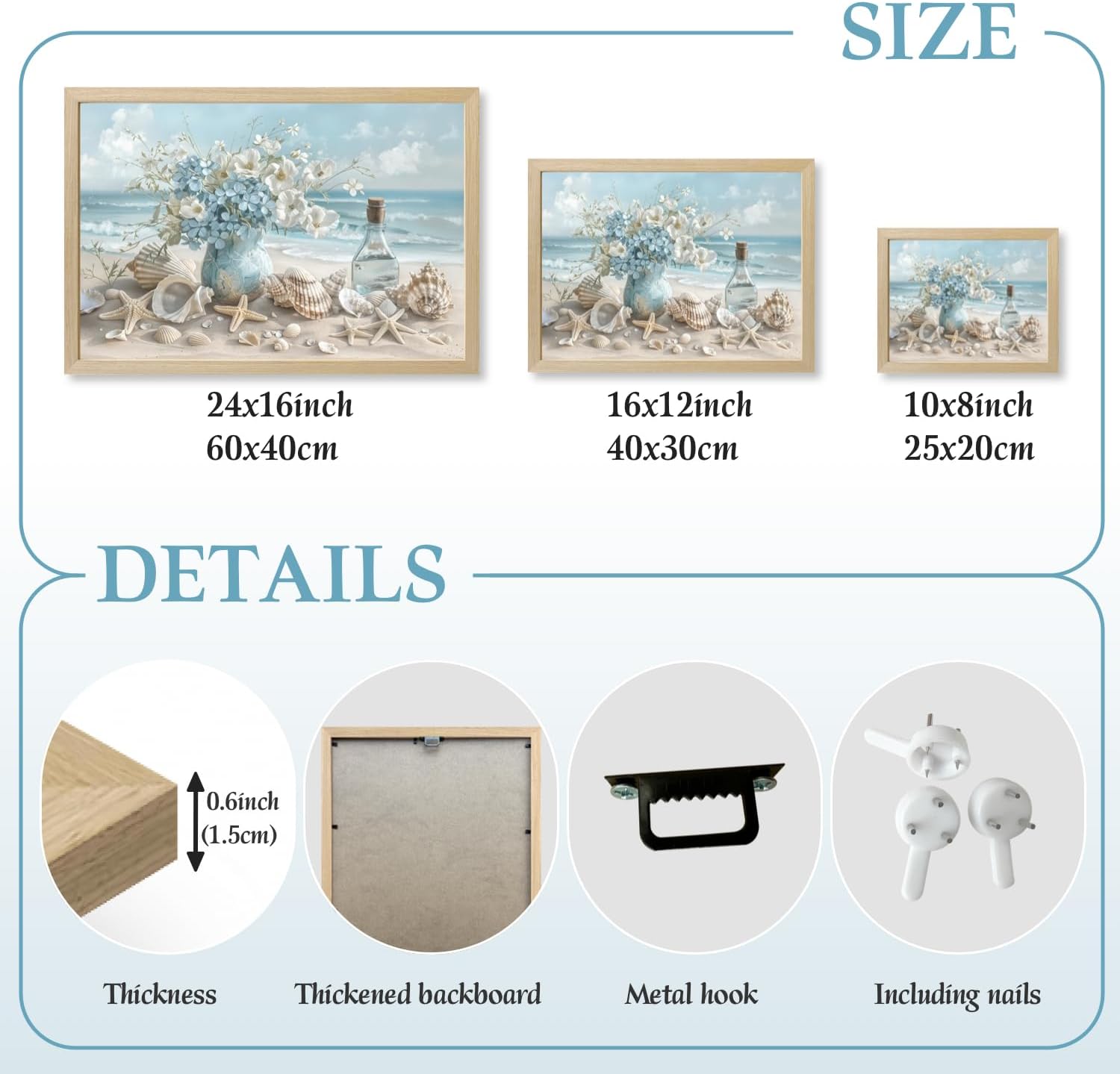 Clicyre Coastal Seashell Wall Art, Blue Ocean Starfish Conch Daisy Flower Floral Canvas Print, Seaside Beach Wall Decor, Nautical Coastal Artwork for Bathroom Bedroom Living Room Wood Framed 12x16 Inch