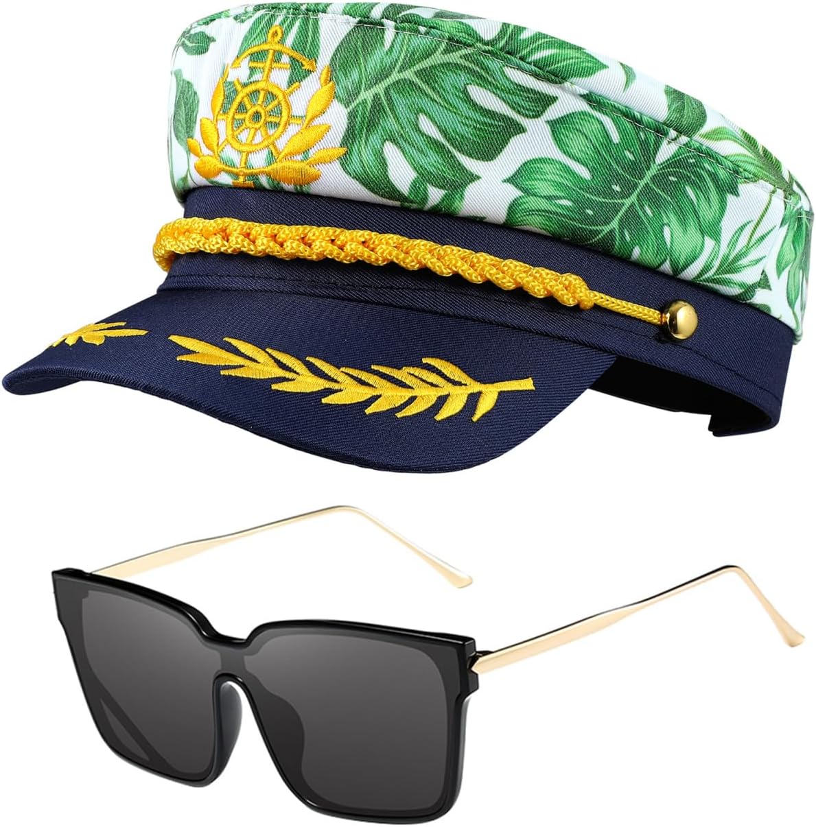 KESYOO Captain Hat and Wide-Brimmed Sunglasses Adjustable Floral Sailor Costume Cap Classic Metal Sunglasses for Party Halloween Cosplay Sailing Events 14.76X6.49X3.54 Inch