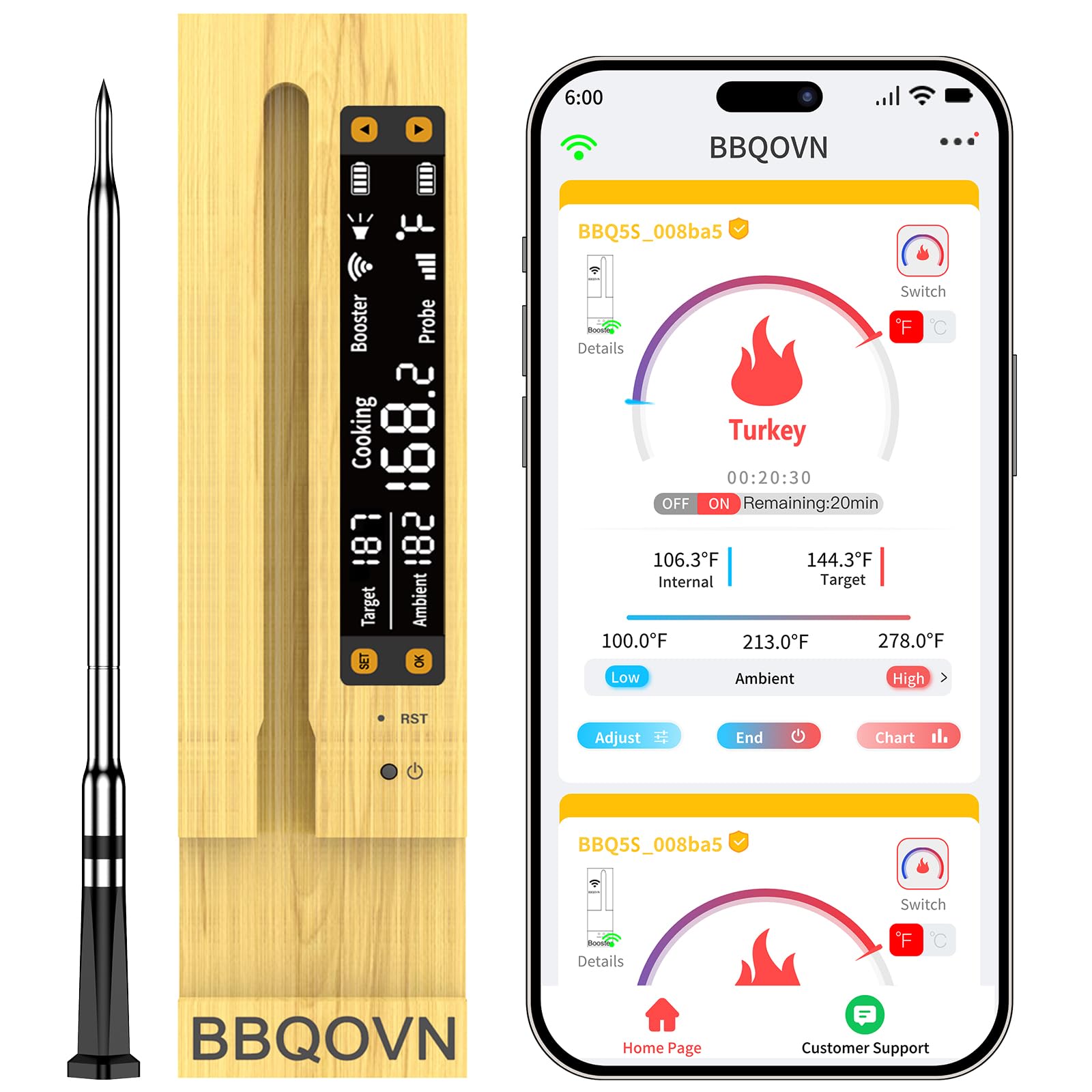 BBQOVN Smart Wireless Meat Thermometer,WiFi Unlimited Range Sub-1G (10X Stronger Than Bluetooth) 7 NIST-Certified Sensors ±0.5°F Accuracy with Smart