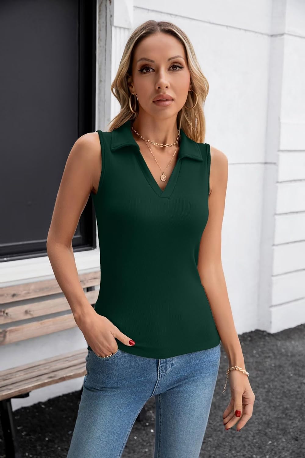 VICHYIE Womens Sleeveless Tank Tops Collared V Neck Slim Fitted Summer Ribbed Knit Tshirt Polo Stretchy Tops Green L - Image 3