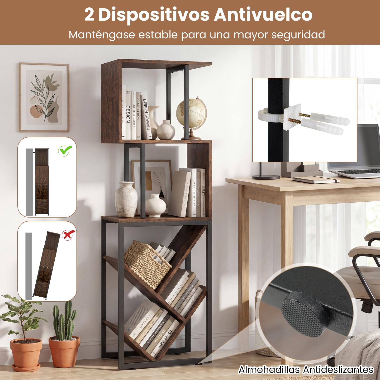 COSTWAY Estantería de 6 Niveles, Librería Geométrica con 6 Estantes Abiertos de Exhibición y Almacenamiento, Marco Metálico, Organizador Independiente de Madera Industrial para Salón Estudio Oficina