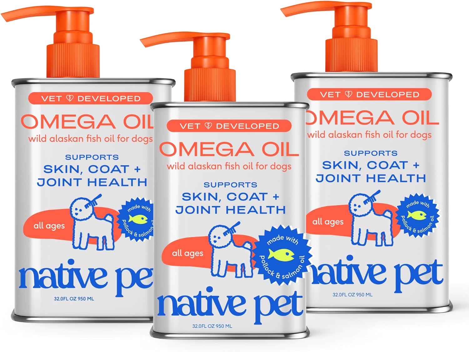 Native Pet Omega 3 Fish Oil for Dogs & Cats – Wild Alaskan Salmon Oil for Dogs Skin and Coat, Supports Joints, Heart & Shedding – Fast-Absorbing Omega 3 6 9 Liquid Supplement – 32oz (Pack of 3)