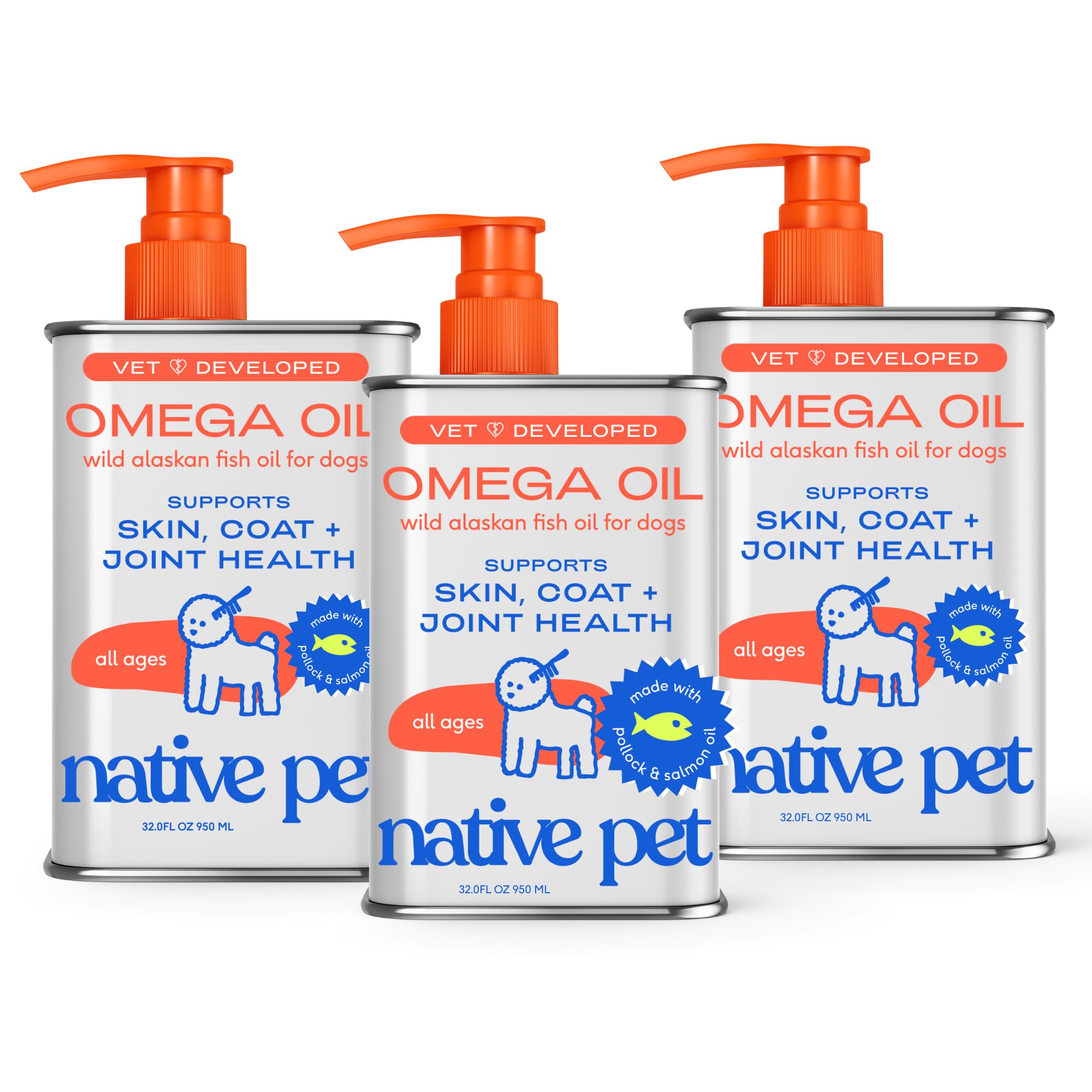 Native Pet Omega 3 Fish Oil for Dogs &amp; Cats – Wild Alaskan Salmon Oil for Dogs Skin and Coat, Supports Joints, Heart &amp; Shedding – Fast-Absorbing Omega 3 6 9 Liquid Supplement – 32oz (Pack of 3)