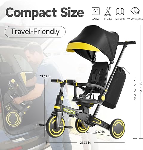 Vista 2 de WinHope Triciclo de empuje 9 en 1 para niños pequeños de 1 a 3 años, triciclo convertible para niños con asa de empuje y cinturón de seguridad, Negro