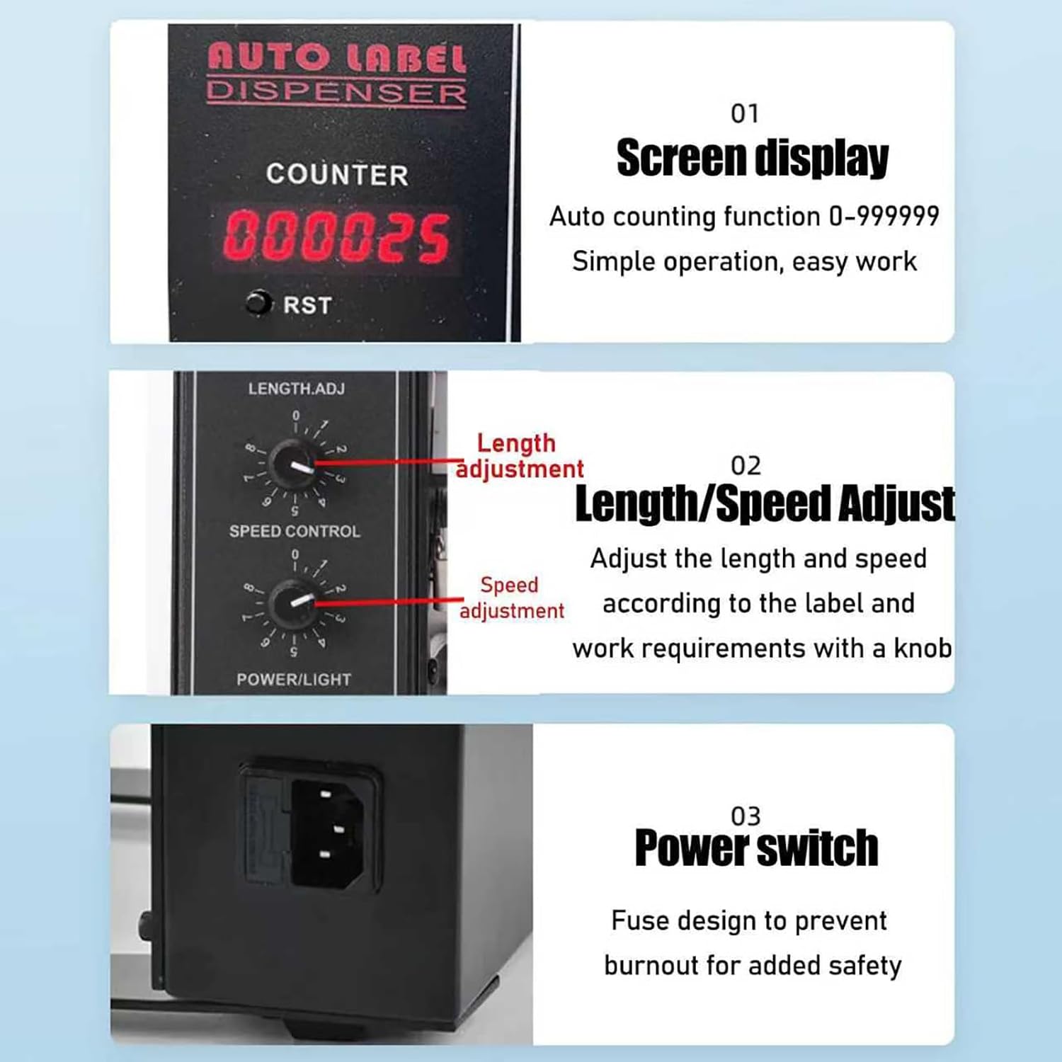 Efficient Label Stripper Machine, Automatic Label Dispenser with Adjustable Length and Speed, 0-999999 Counting Function, Label Width 5-140mm, for Express Label