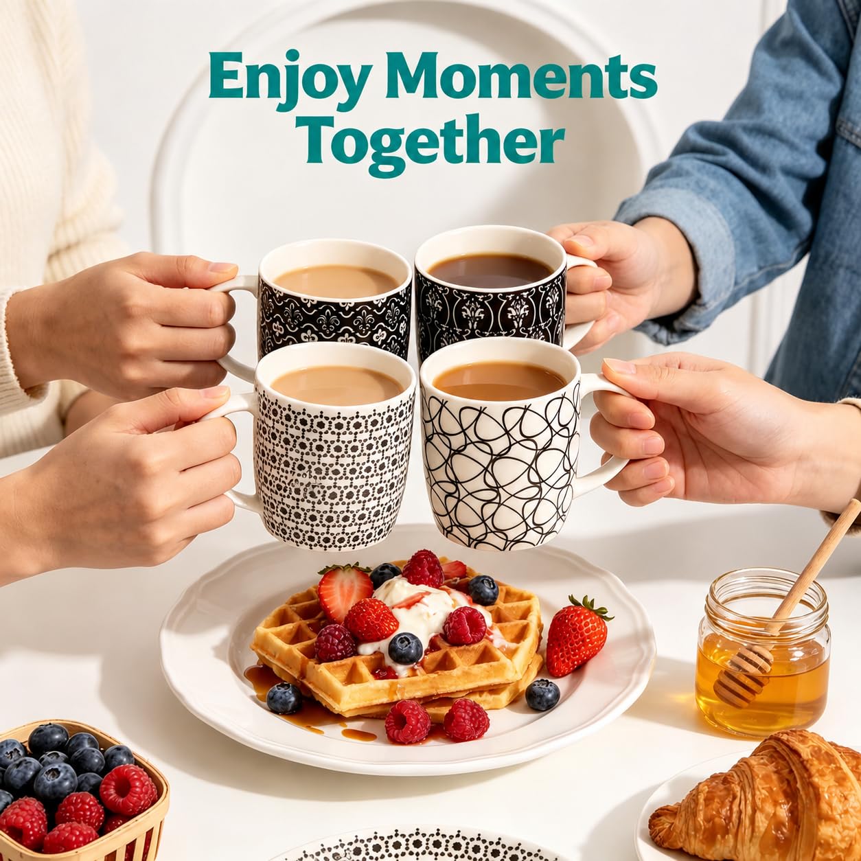 Okllen 6-pak 340 ml kubki do kawy geometryczne teksturowane, ceramiczne kubki do kawy stylowy zestaw kubków do herbaty prezent do latte, cappuccino, mleka, wody, kakao, płatków, czarno-białe