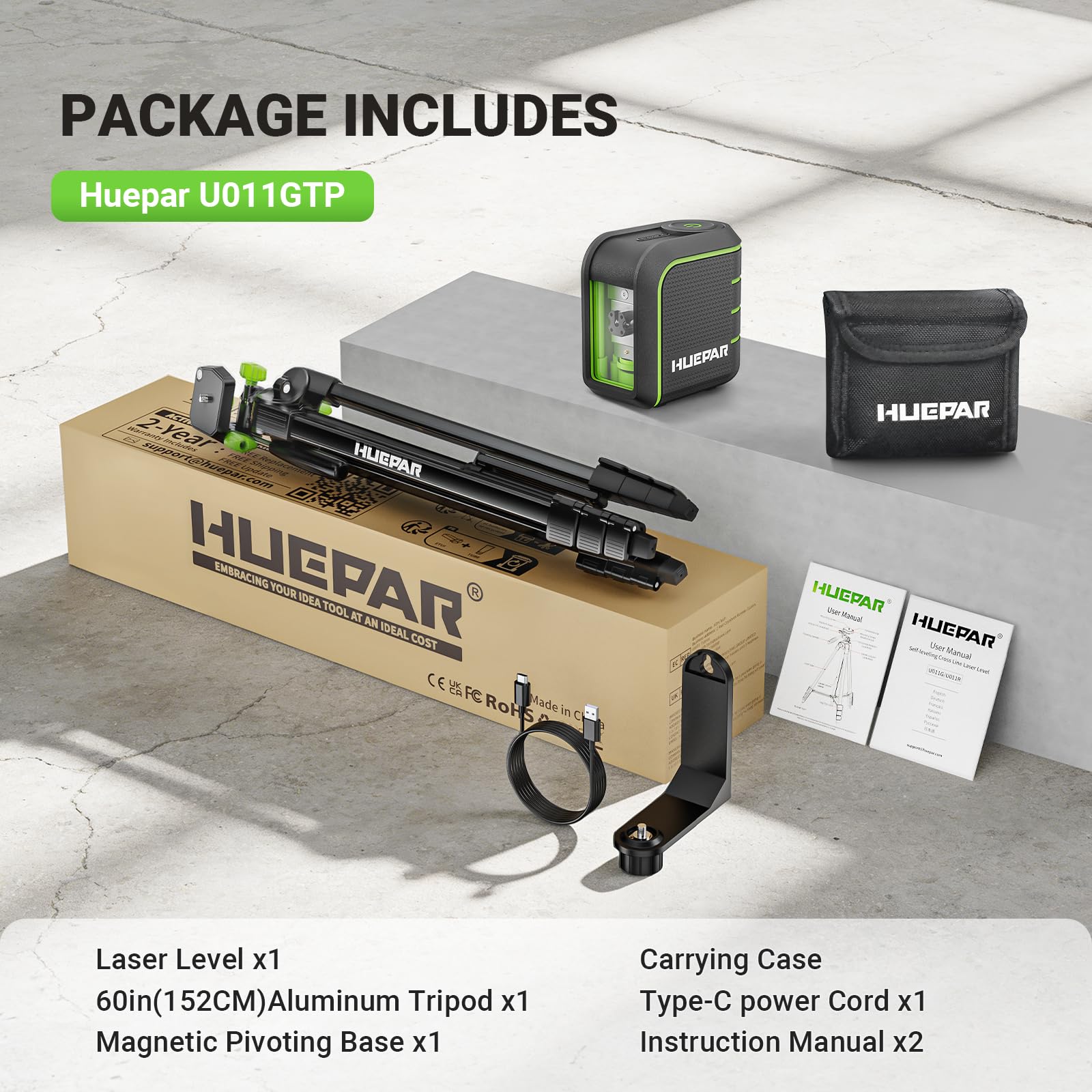 Huepar Livella Laser Verde Autolivellante con Treppiede 150 cm – U011GTP | Linee Incrociate,Resistente a Cadute da 100cm,Base Magnetica 360°,Modalità Impulso 50m per Piastrellisti e Ristrutturazioni