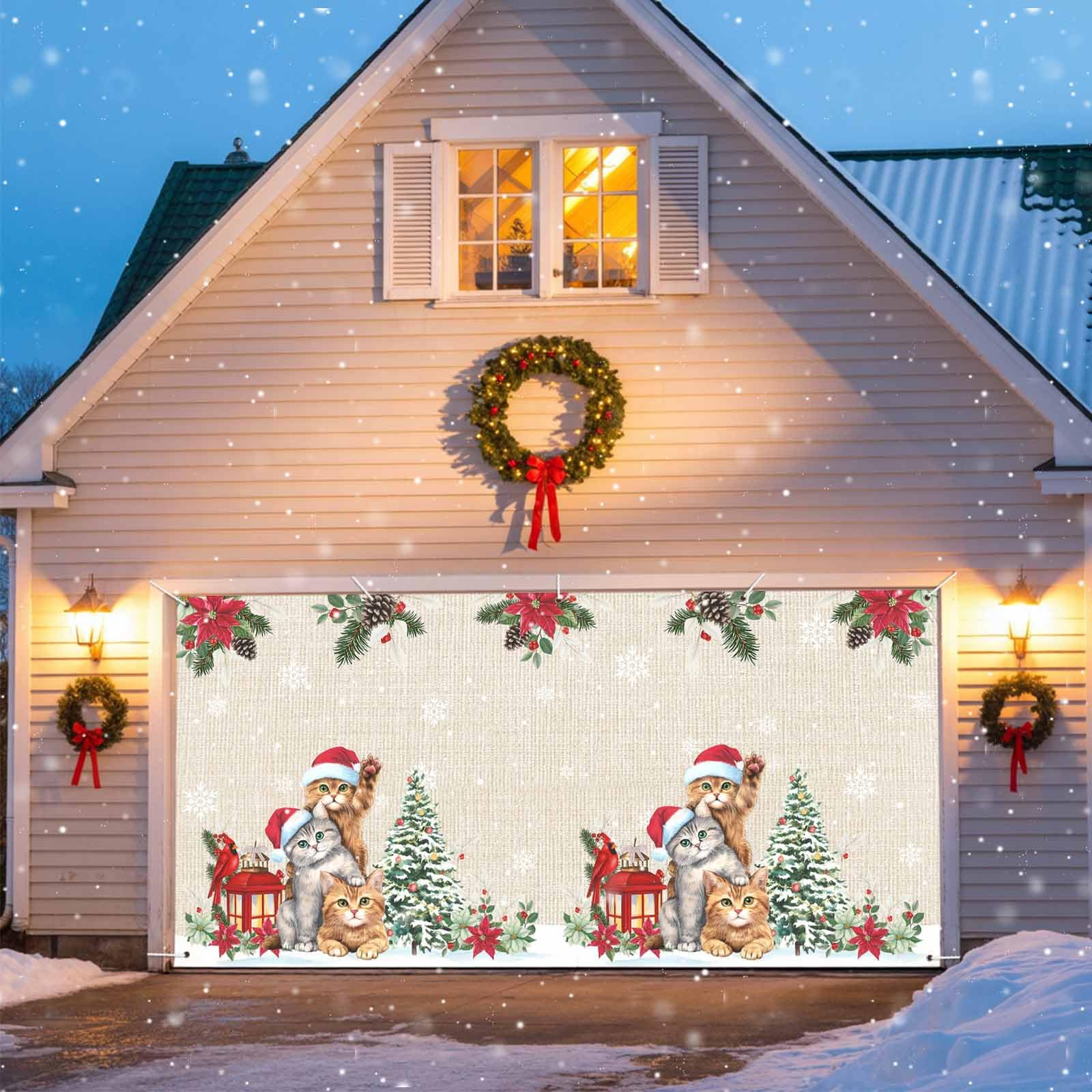 Washable Christmas Garage Door Decorations Reusable Hanging Garage Door Banner Cover Merry Christmas Three Cute Cats Garage Backdrop for Indoor