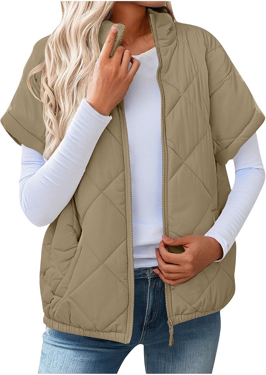Quilted Short Sleeve Vest for Women Zip Front Winter Outerwear