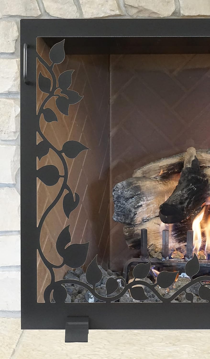 Fireplace Screen Glass and Steel Ivy Design 38 X 26 Textured Black by DESIGN SPECIALTIES