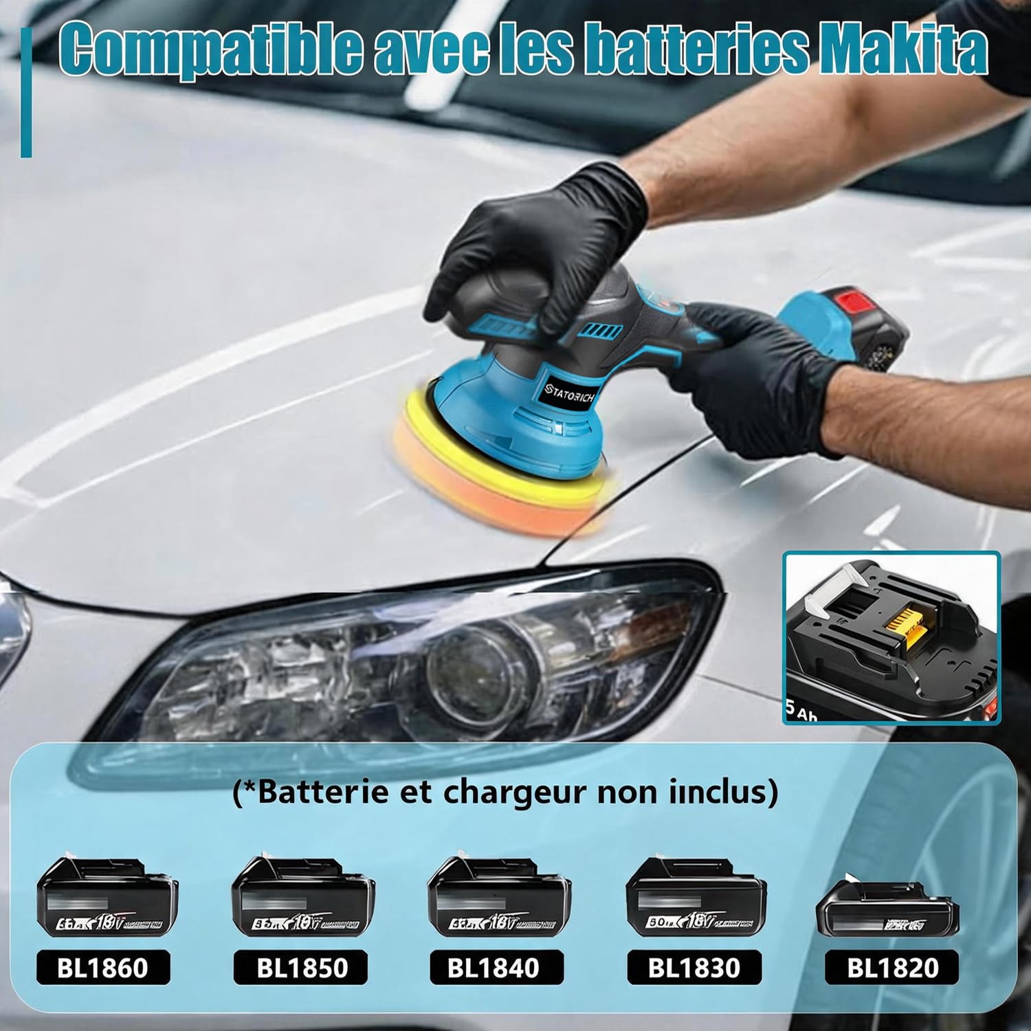 Polisseuse Voiture Sans compatible avec Makita 18 V, 8 vitesses (2800-6000 tr/min), 27 pièces poignée amovible des Voitures et Des Bateaux, Polissage,Cirage et Finition des Voitures(Sans batterie)