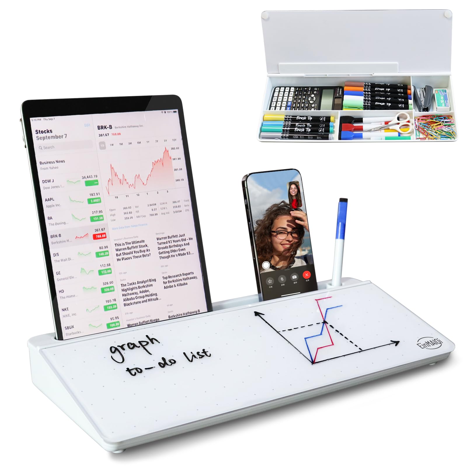 Small Glass Desktop Dry Erase Whiteboard with Storage, Desktop Board Buddy for Writing Message, Note, Memos, Desk Organizers and Accessories for Office, Home, School Supplies (White)