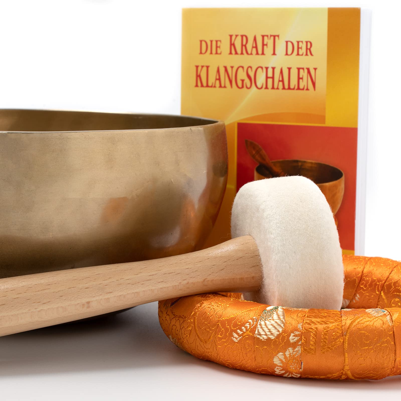 Klangschale im Starterset, 1200-1300 g, handgeschmiedet | Fair Trade aus Nepal, tiefer Klang, inkl. Zubehör und Buch