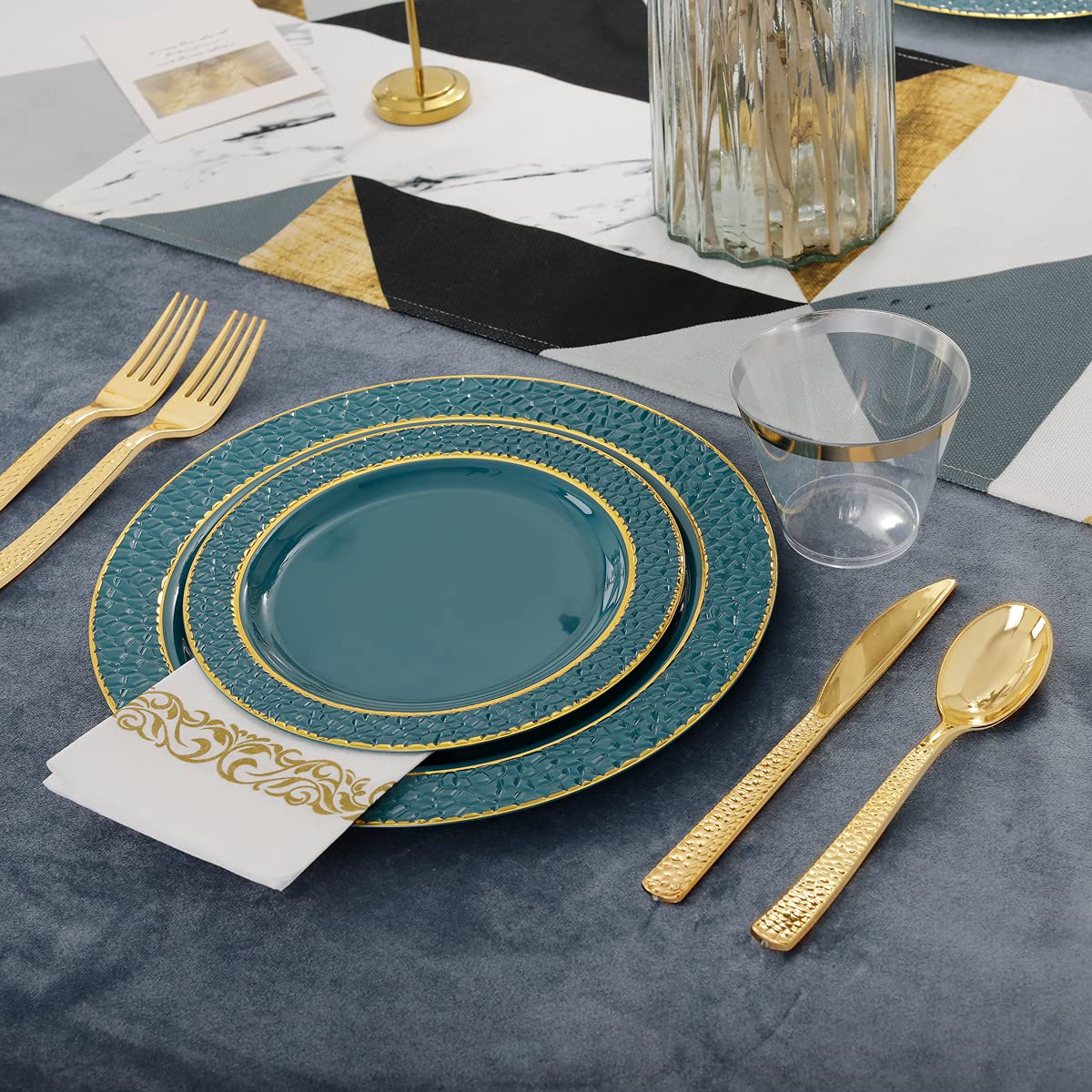 FLOWERCAT 175PCS Green Plastic Plates with Gold Rim&Green and Gold plastic Plates&Gold Plastic Silverware - Ideal for Wedding,Party, Anniversary