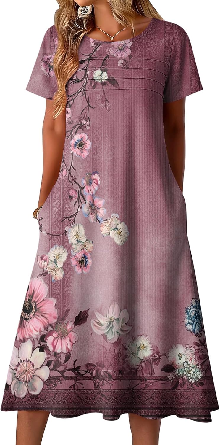 Short Sleeve Summer Formal Tunic Dress for Women Elegant V Neck A-Line Pleated Hem Midi Sun Dresses