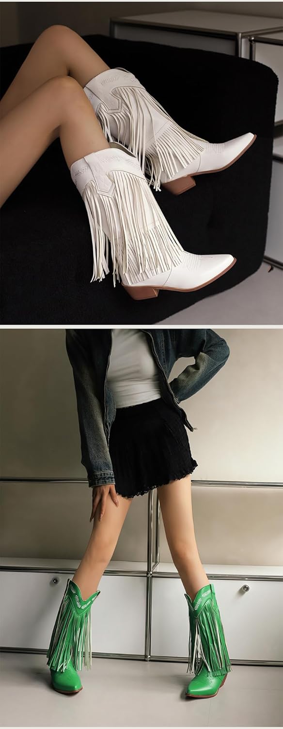Geerta Fringe Cowboy Boots for Women Mid Calf Western Boots Embroidery Cowgirl Pull-On Pointy Toe & Wide - Plus Size Comfortable Walking Lightweight Running Standing All Day Trendy Rave Streetwear