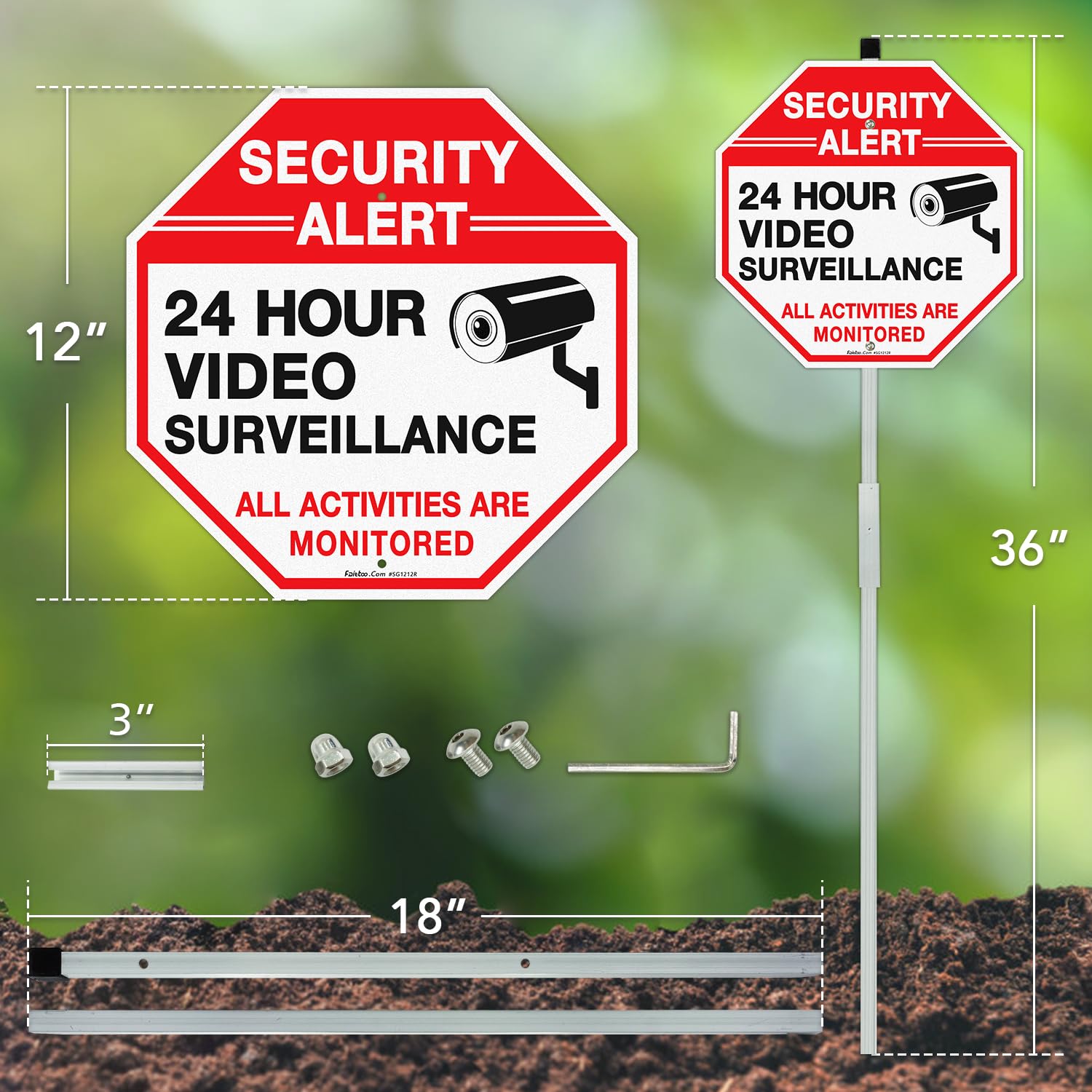 Faittoo Señal de seguridad de videovigilancia con estaca de 36 pulgadas para exterior, paquete de 4 unidades de 12 x 12 pulgadas, aluminio pesado libre de óxido, reflectante, resistente a la