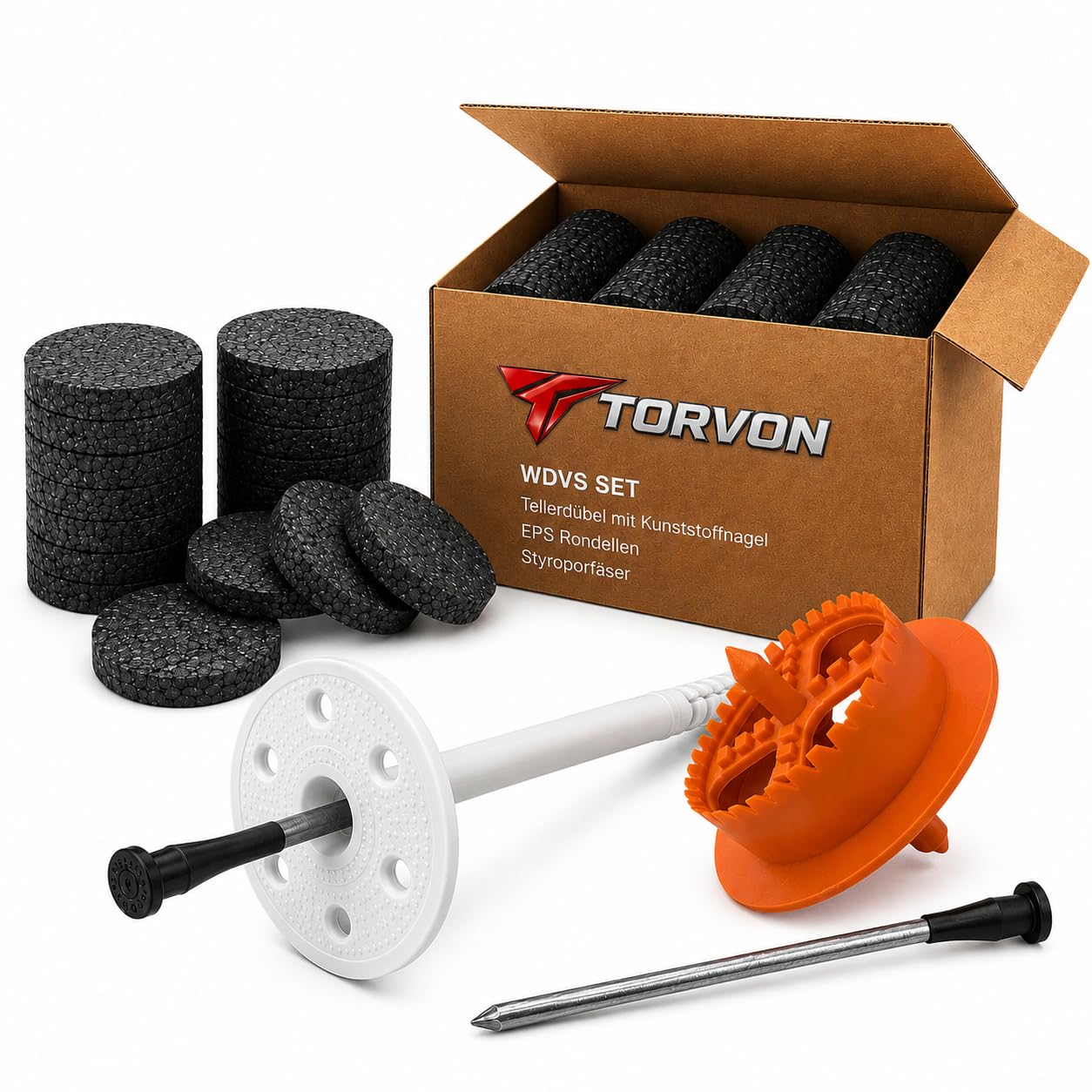 SET WDVS (Ø10x260mm tasselli isolanti con chiodo in plastica 100pz + Rondelle in polistirolo EPS Ø67x16mm 100pz + Fresa per polistirolo 1pz) Tasselli per facciata per isolamento termico ETA
